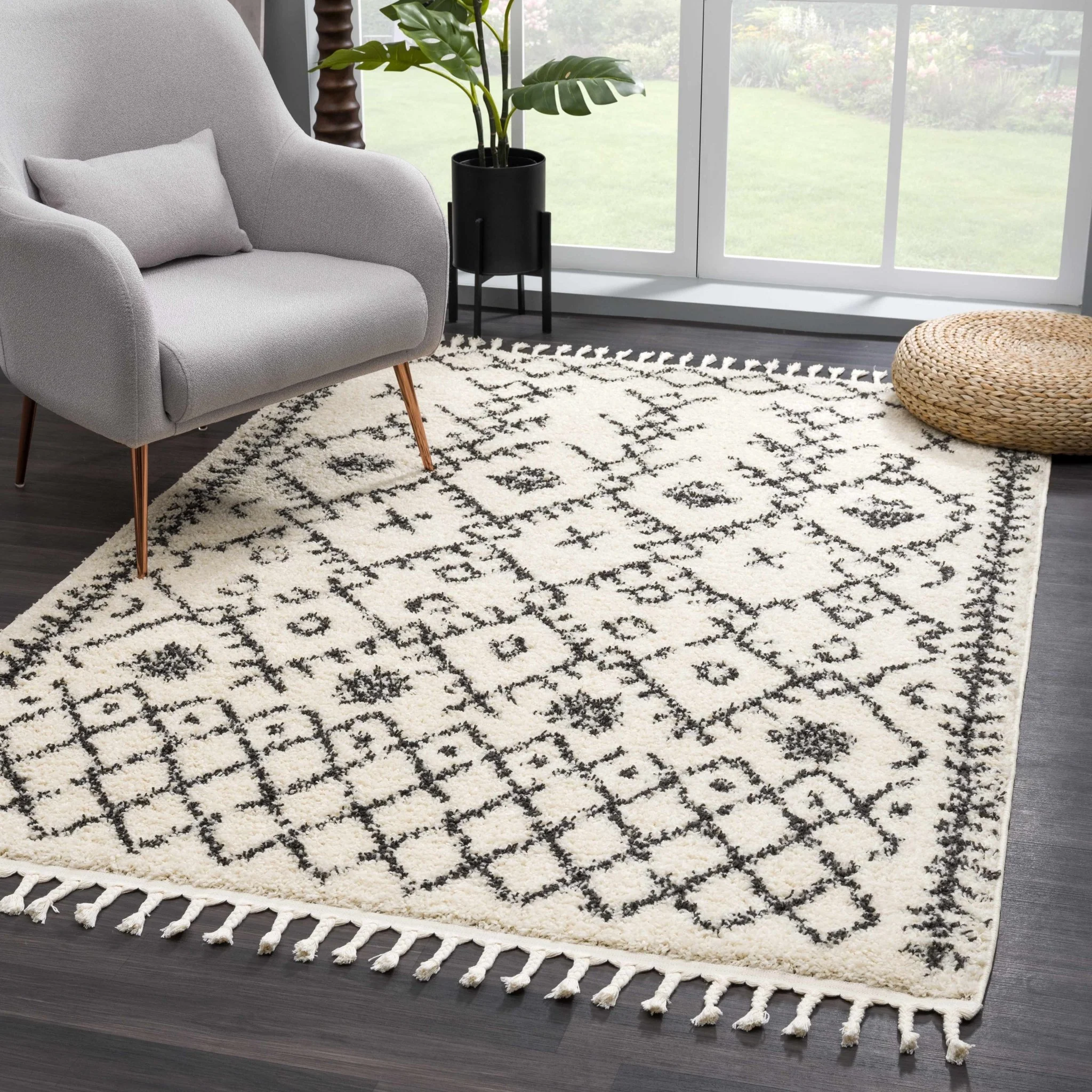 Beige and Charcoal Geometrical Design Moroccan Style Tribal Trellis Rug - Image 8