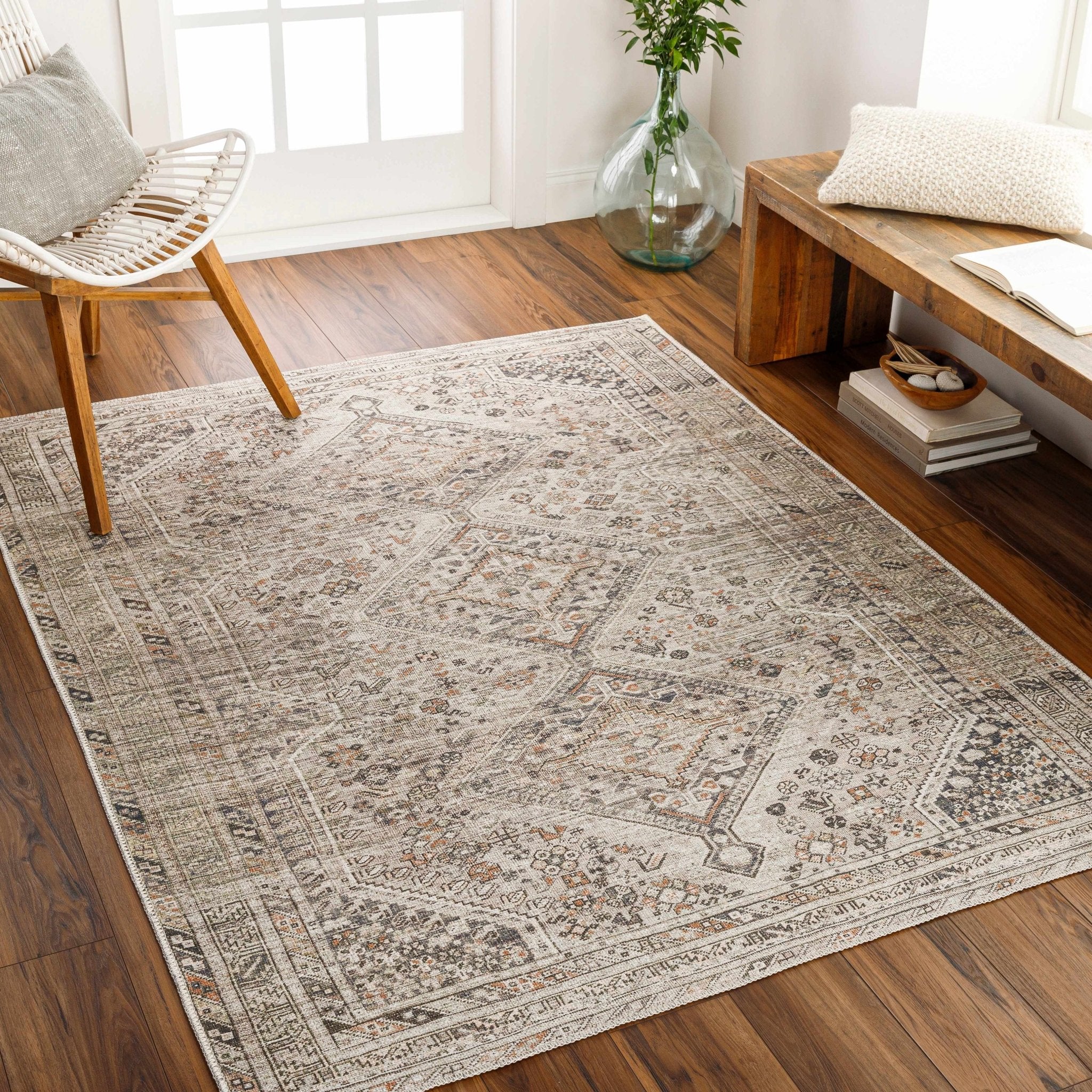 Vintage Style Beige, Charcoal, Rust and Green Turkish Design Washable Area Rug - Image 10