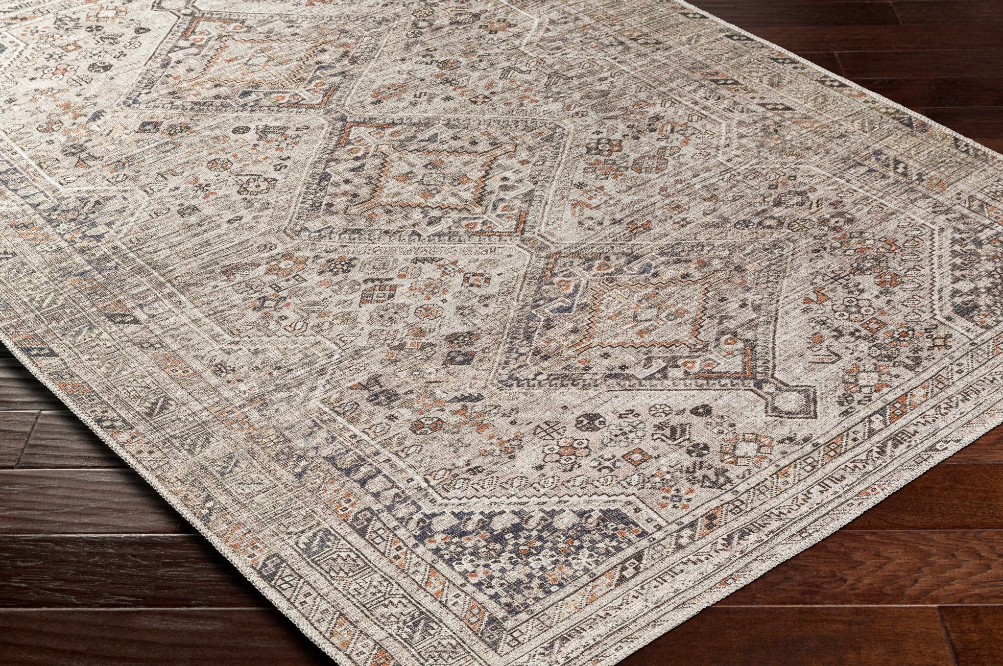 Vintage Style Beige, Charcoal, Rust and Green Turkish Design Washable Area Rug - Image 11