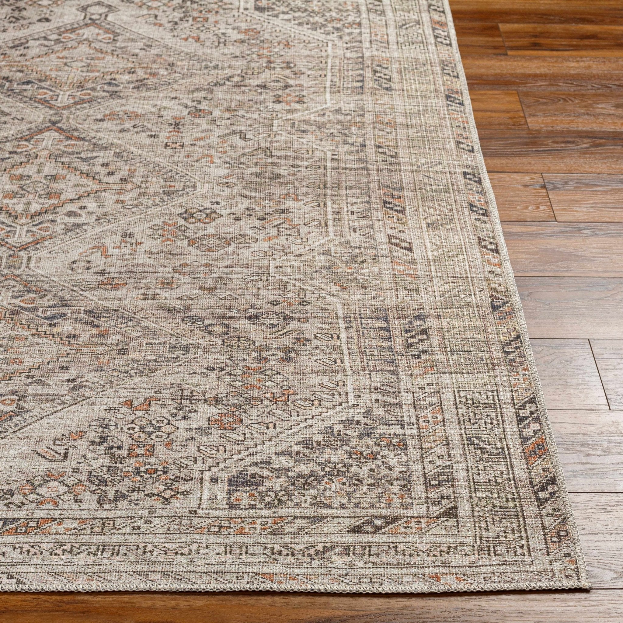 Vintage Style Beige, Charcoal, Rust and Green Turkish Design Washable Area Rug - Image 12