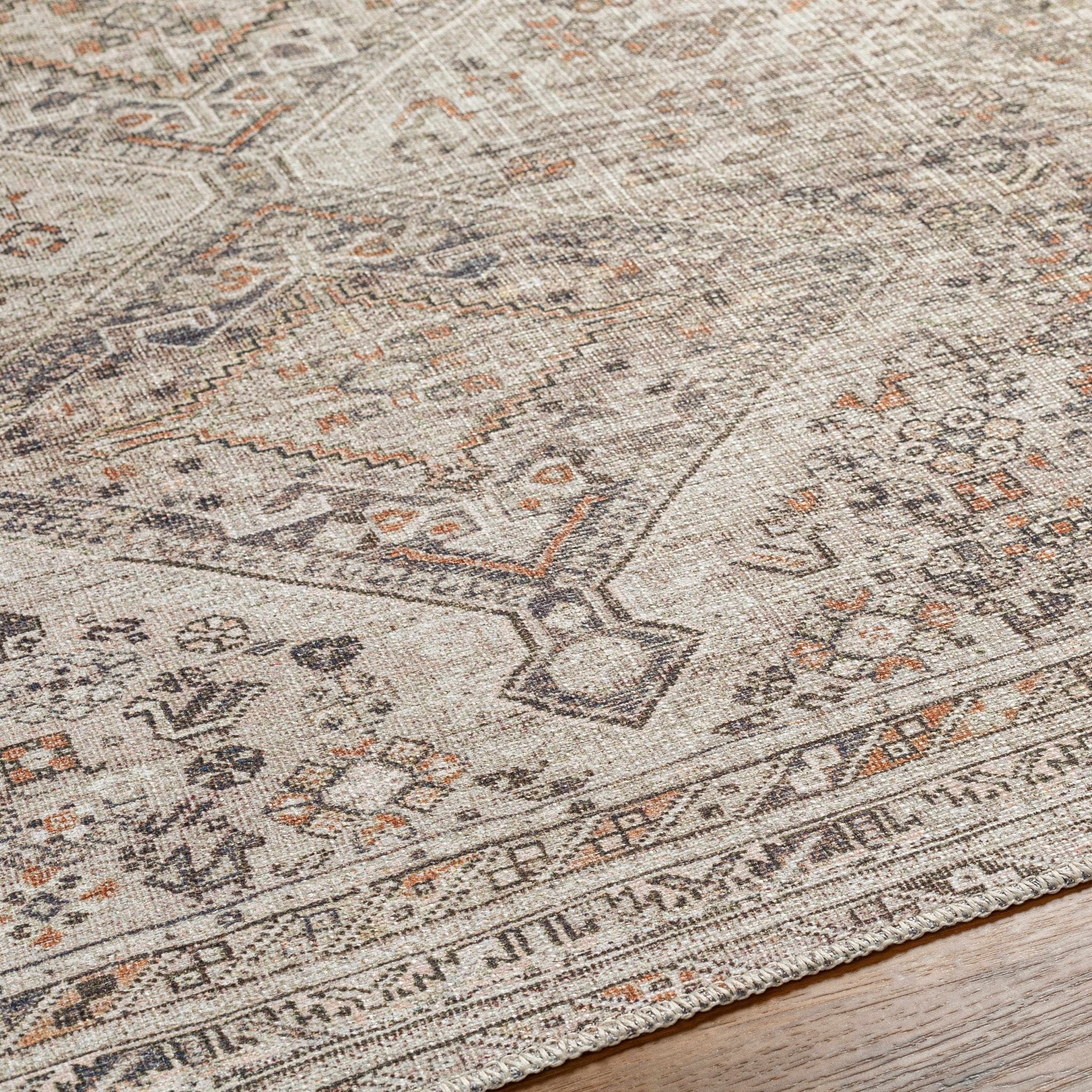 Vintage Style Beige, Charcoal, Rust and Green Turkish Design Washable Area Rug - Image 14
