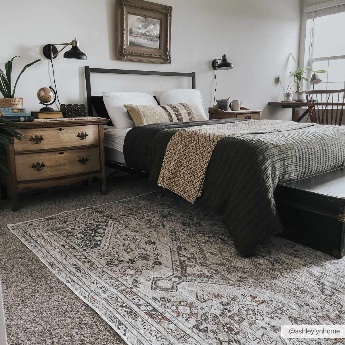 Vintage Style Beige, Charcoal, Rust and Green Turkish Design Washable Area Rug - Image 7