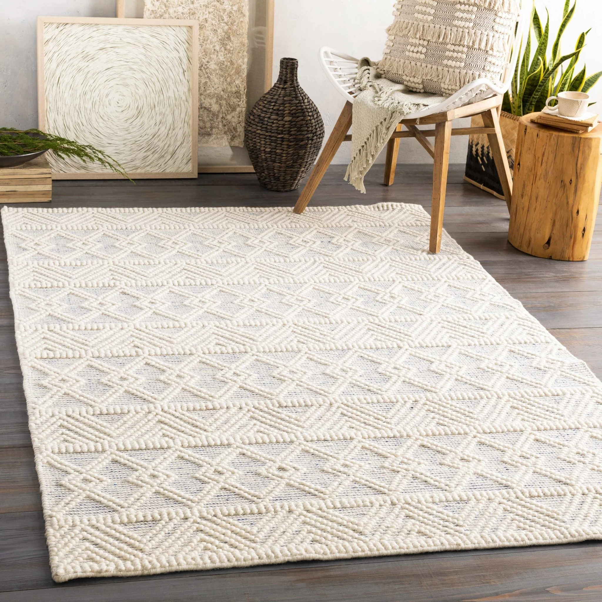Traditional Beige Flatwoven Dhurrie Rug Woolen Chunky and Soft Trellis Wool Area Rug - Image 3