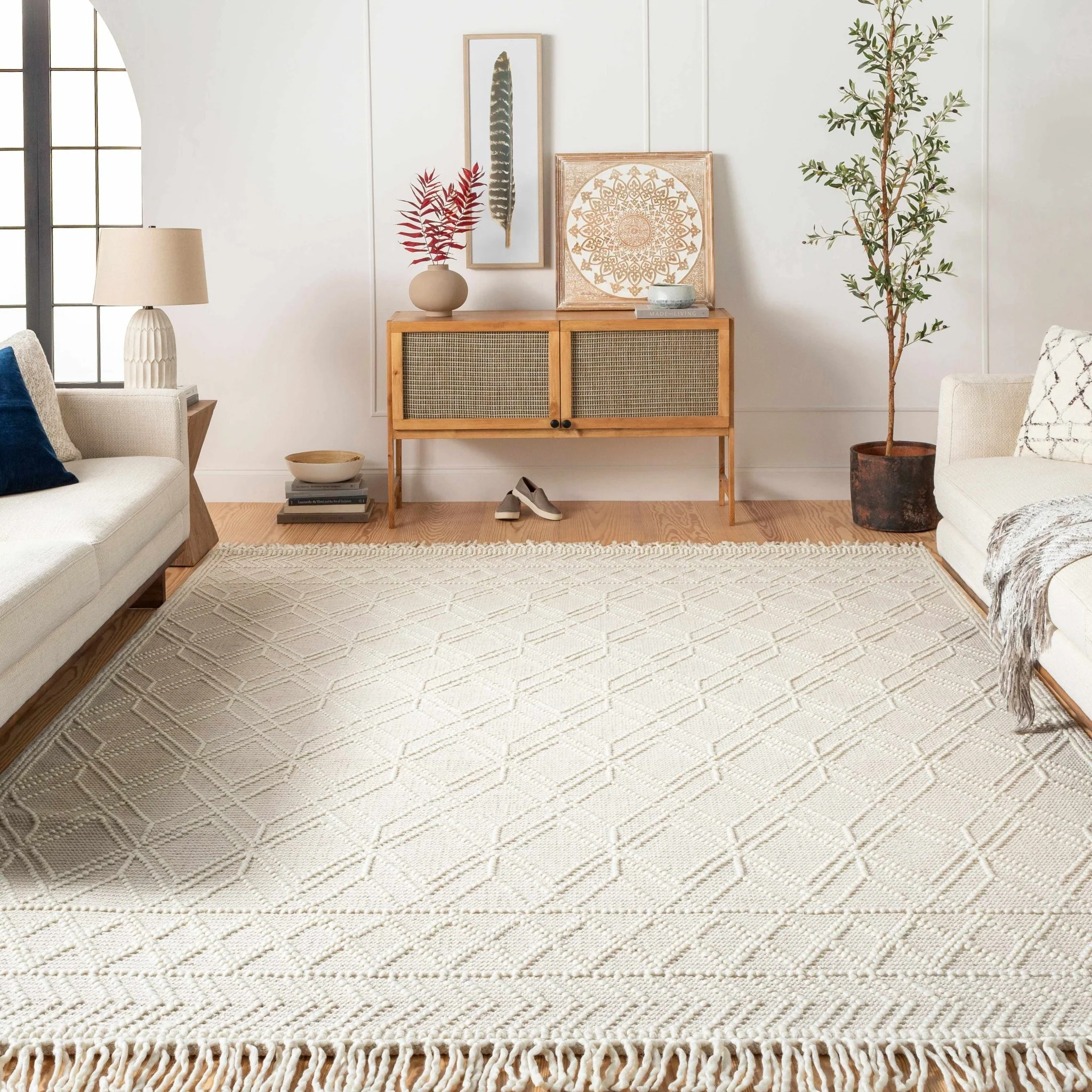 Beige Hand Woven Woolen Chunky and Soft Trellis Wool Area Rug - Image 2