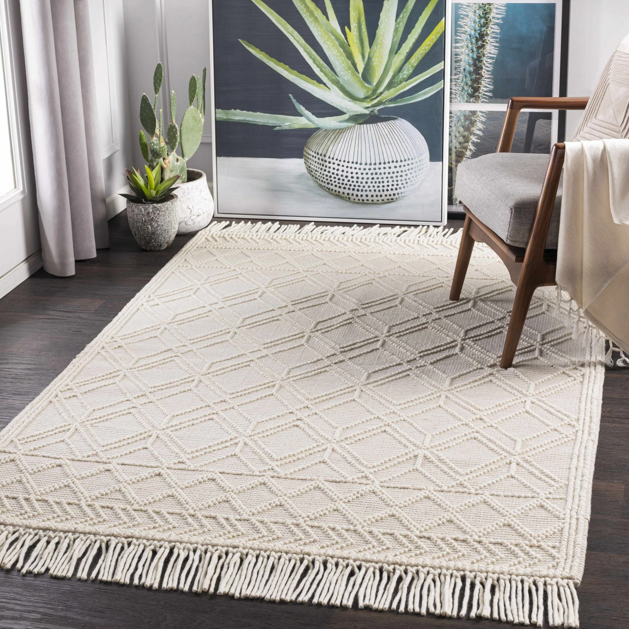 Beige Hand Woven Woolen Chunky and Soft Trellis Wool Area Rug - Image 7
