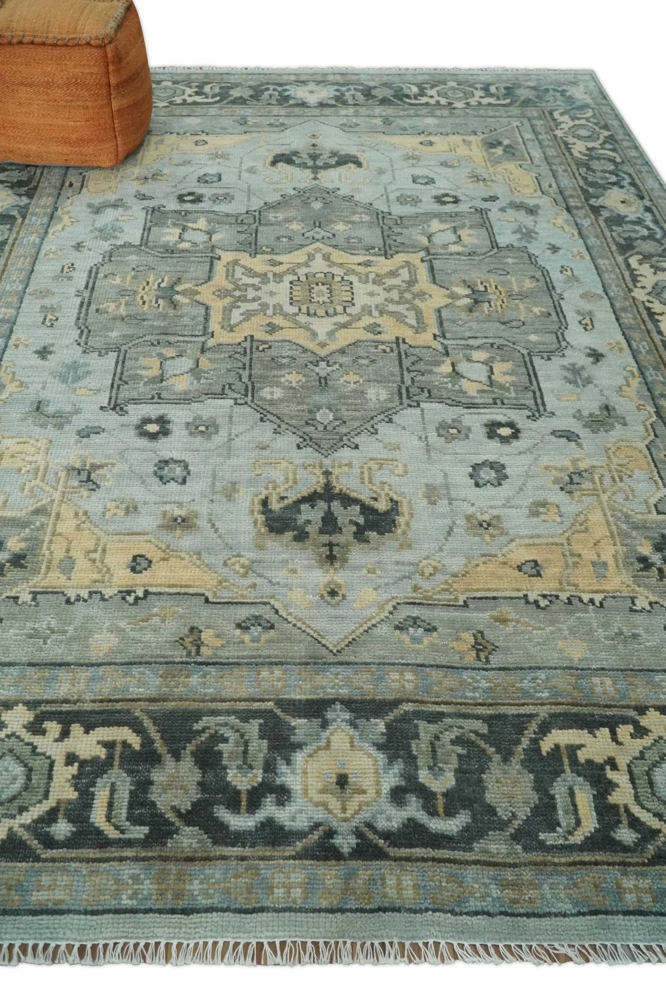 Custom made Beige, Gray and Charcoal Hand Knotted Antique look Traditional Heriz Serapi Wool Rug - Image 3