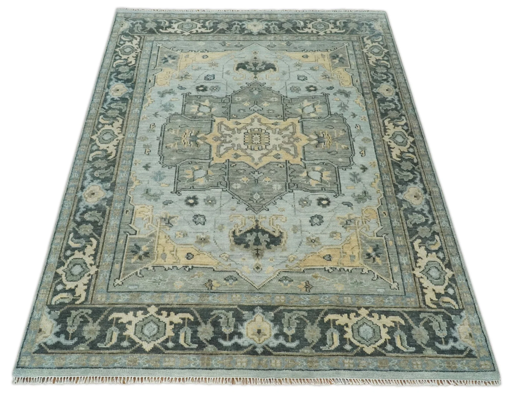 Custom made Beige, Gray and Charcoal Hand Knotted Antique look Traditional Heriz Serapi Wool Rug - Image 7