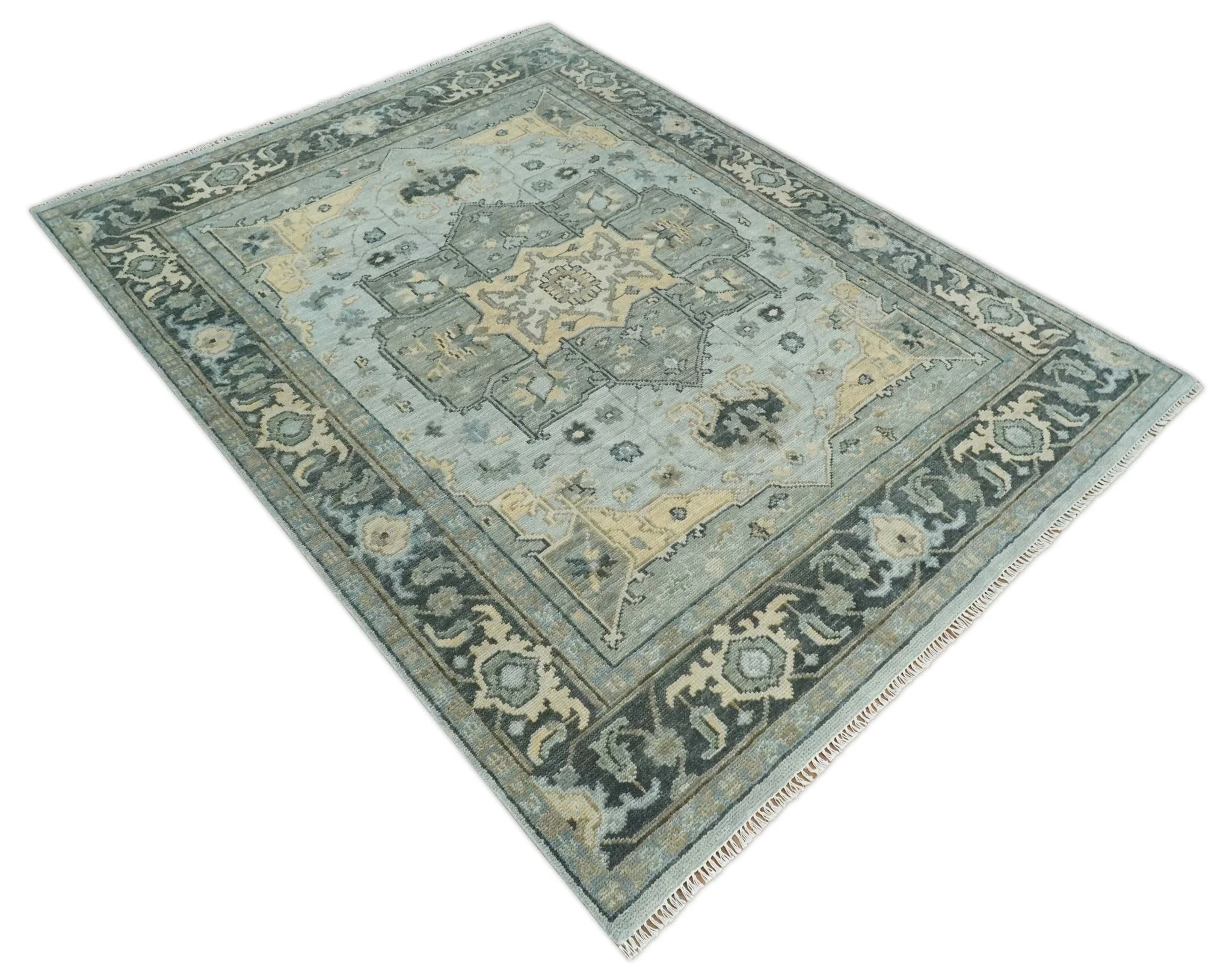 Custom made Beige, Gray and Charcoal Hand Knotted Antique look Traditional Heriz Serapi Wool Rug - Image 8