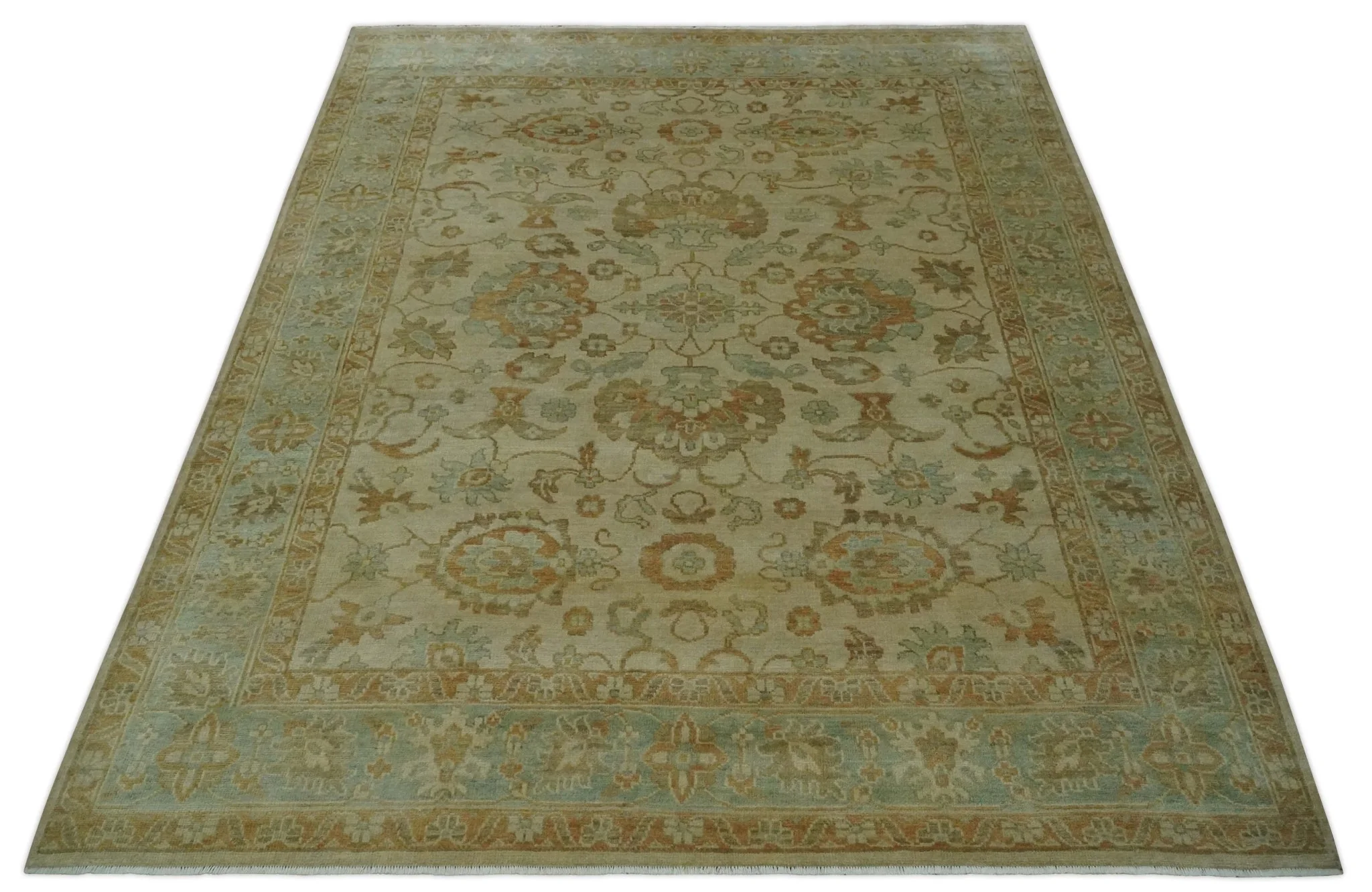 Beige, Gray and Olive Antique Floral Hand knotted Traditional Oushak 8x10 wool Area rug - Image 10