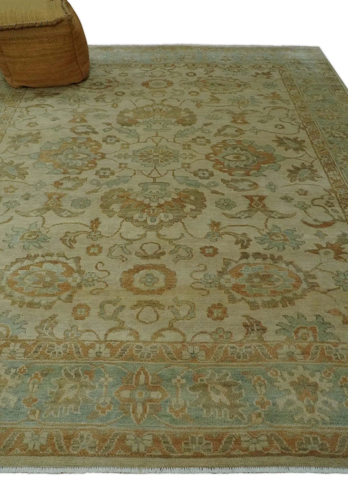 Beige, Gray and Olive Antique Floral Hand knotted Traditional Oushak 8x10 wool Area rug - Image 3
