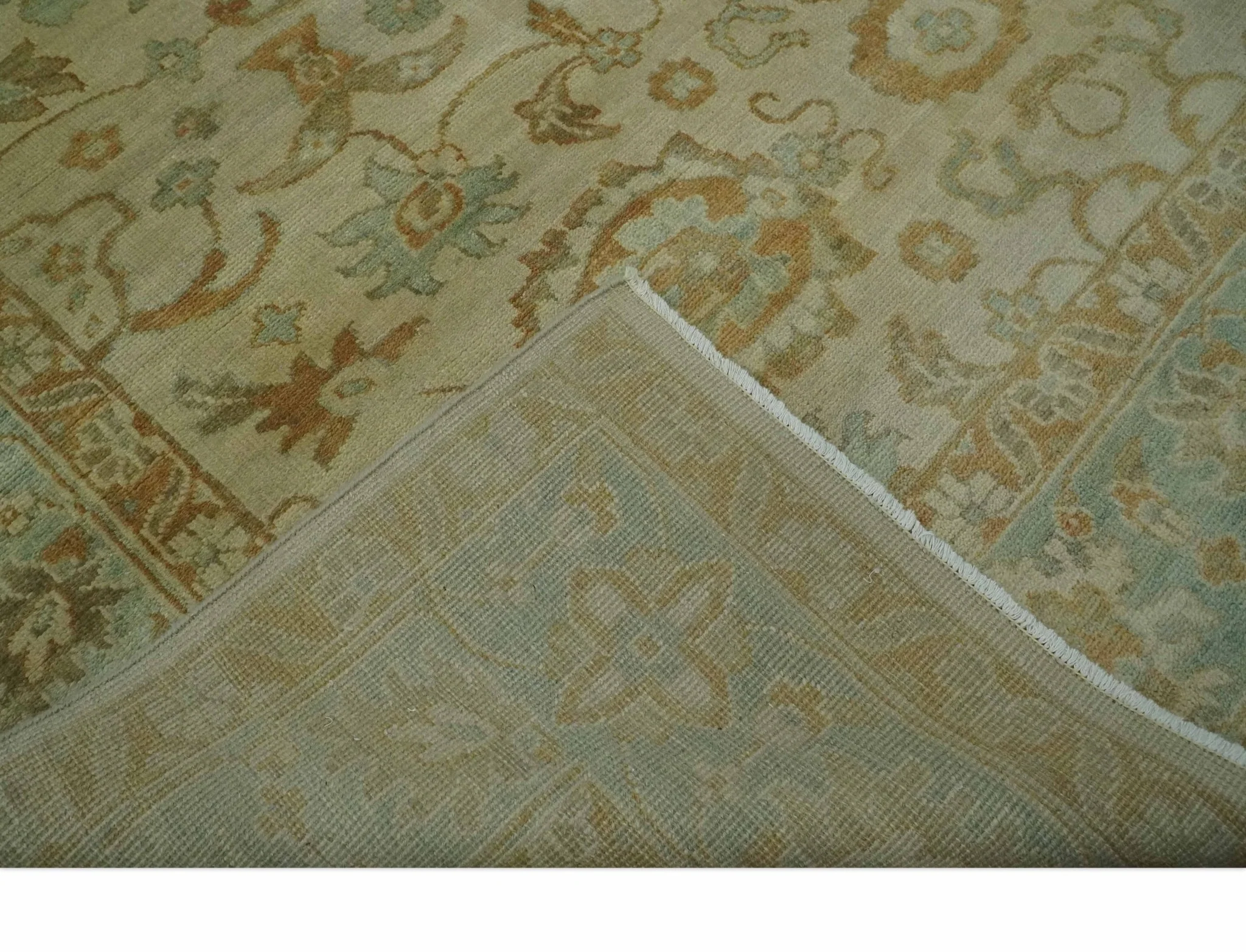 Beige, Gray and Olive Antique Floral Hand knotted Traditional Oushak 8x10 wool Area rug - Image 6