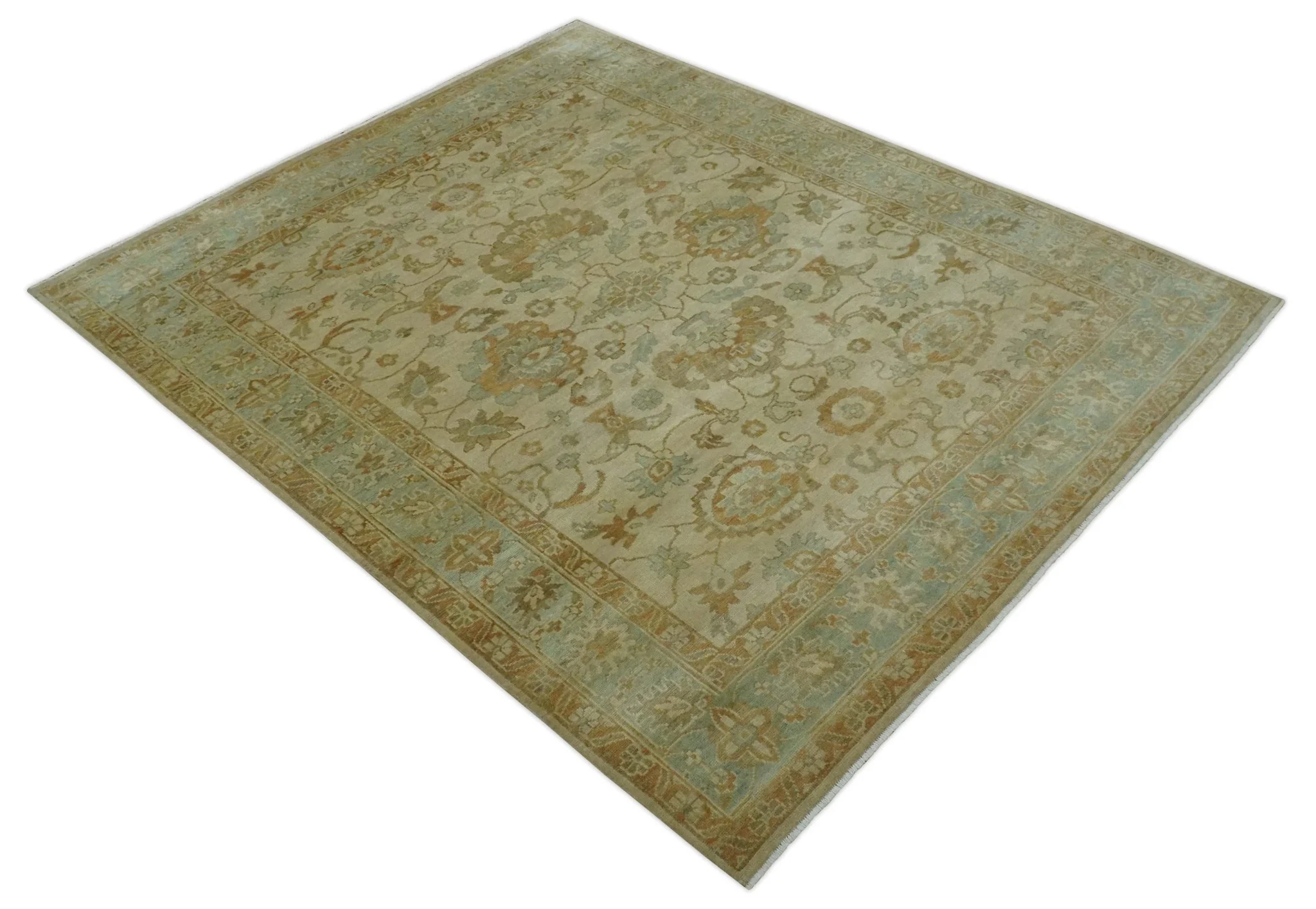Beige, Gray and Olive Antique Floral Hand knotted Traditional Oushak 8x10 wool Area rug - Image 9