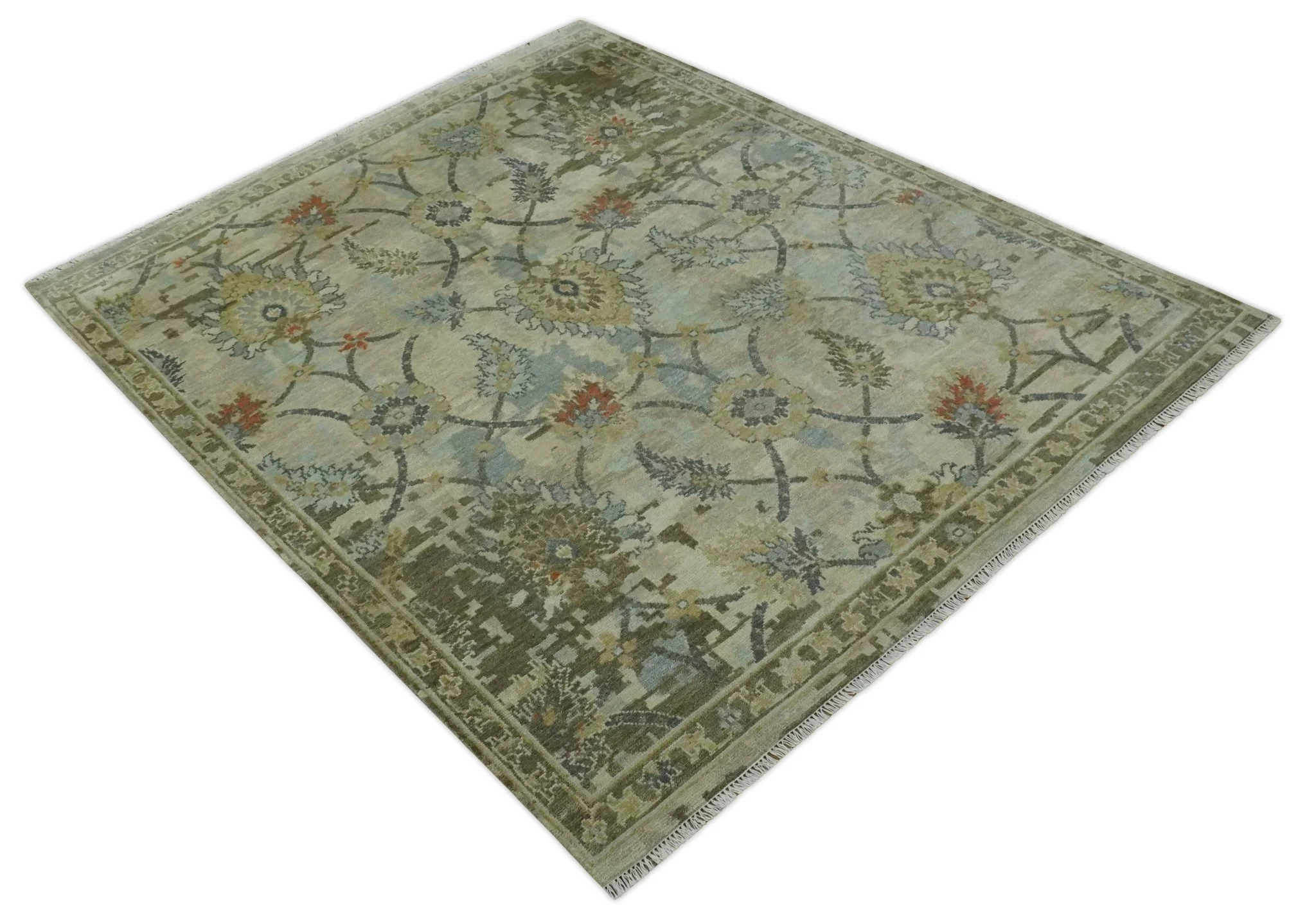 Antique Style Beige, Green and Gray Hand Knotted Traditional Oriental 8x10 wool area Rug - Image 10
