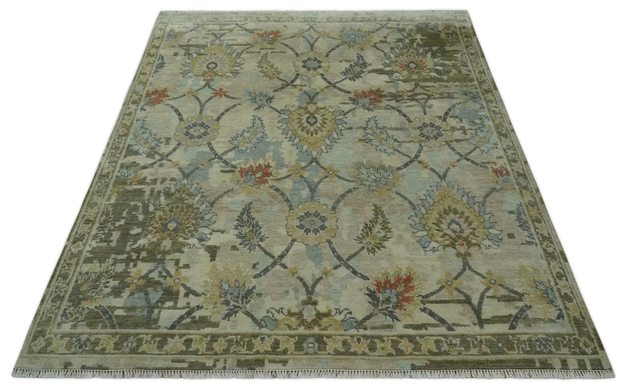 Antique Style Beige, Green and Gray Hand Knotted Traditional Oriental 8x10 wool area Rug - Image 11