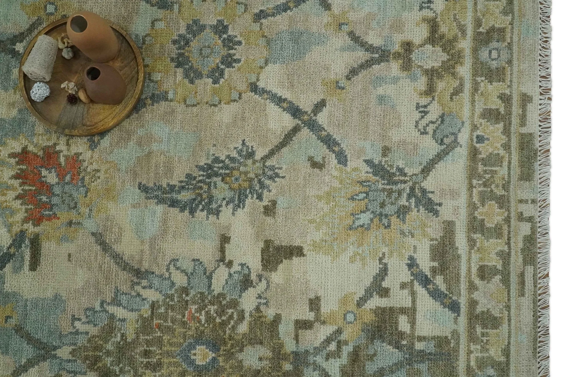 Antique Style Beige, Green and Gray Hand Knotted Traditional Oriental 8x10 wool area Rug - Image 12