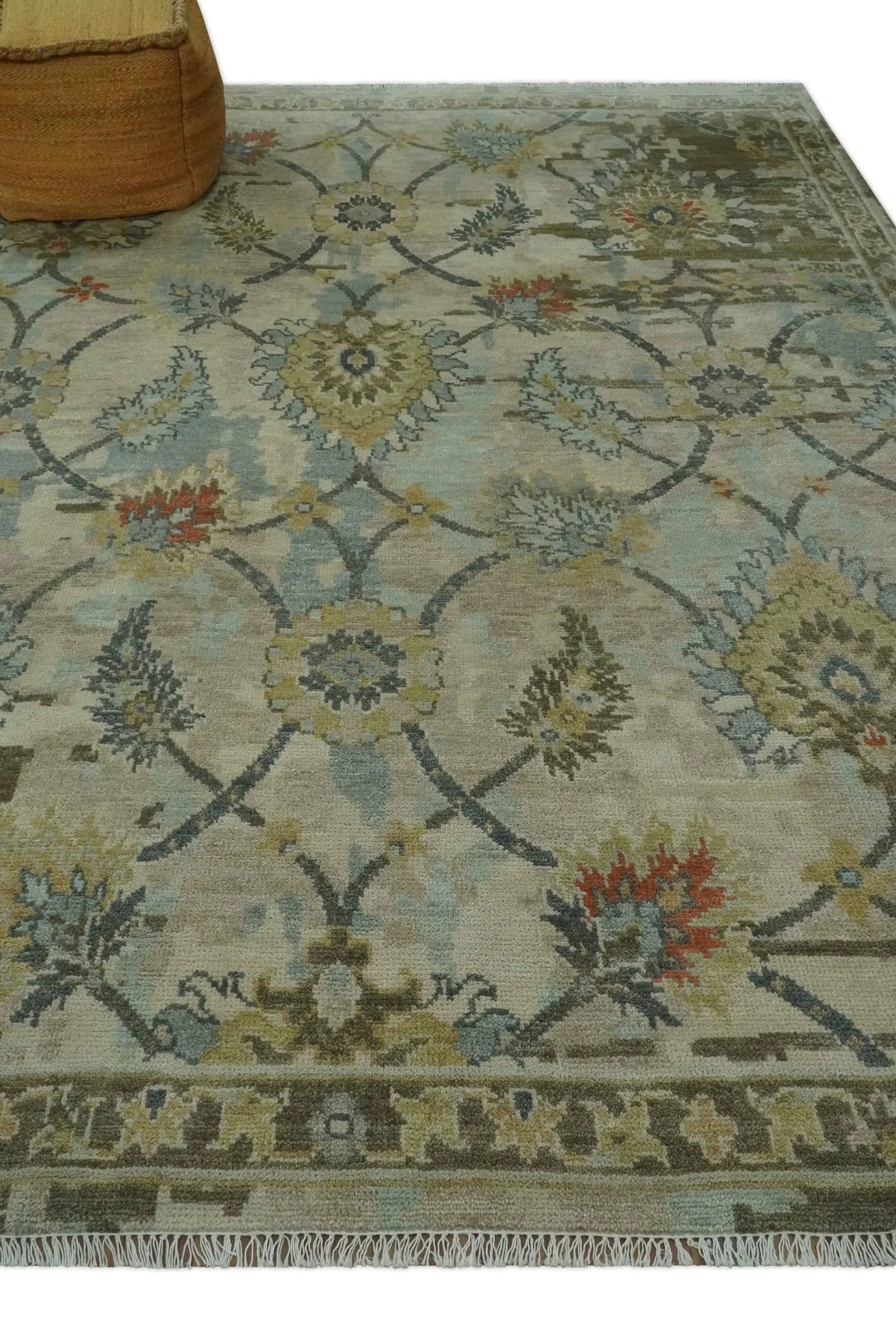 Antique Style Beige, Green and Gray Hand Knotted Traditional Oriental 8x10 wool area Rug - Image 4