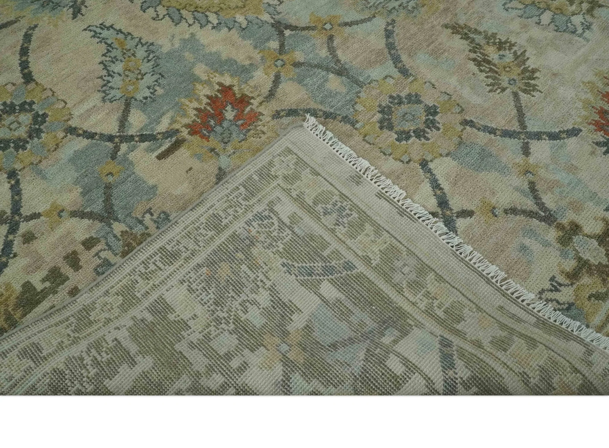 Antique Style Beige, Green and Gray Hand Knotted Traditional Oriental 8x10 wool area Rug - Image 8