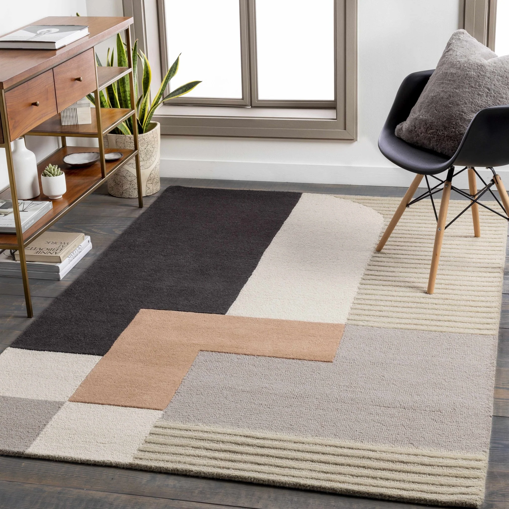Modern Geometrical Design Beige, Green, Brown and Black Hand Tufted Rug - Image 2
