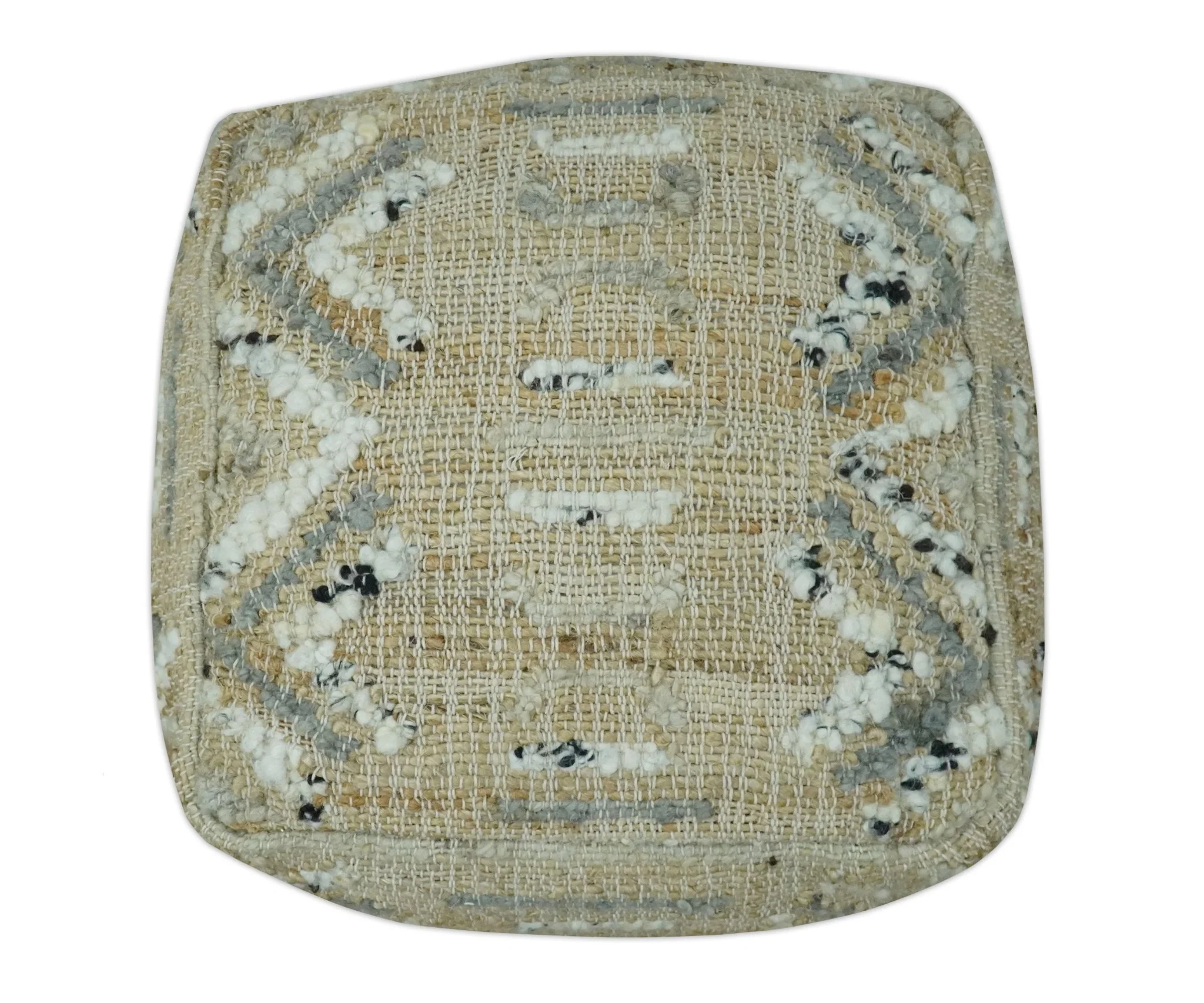 Contemporary Beige, Ivory and Gray Hand Woven Jute and wool Pouf - Image 3