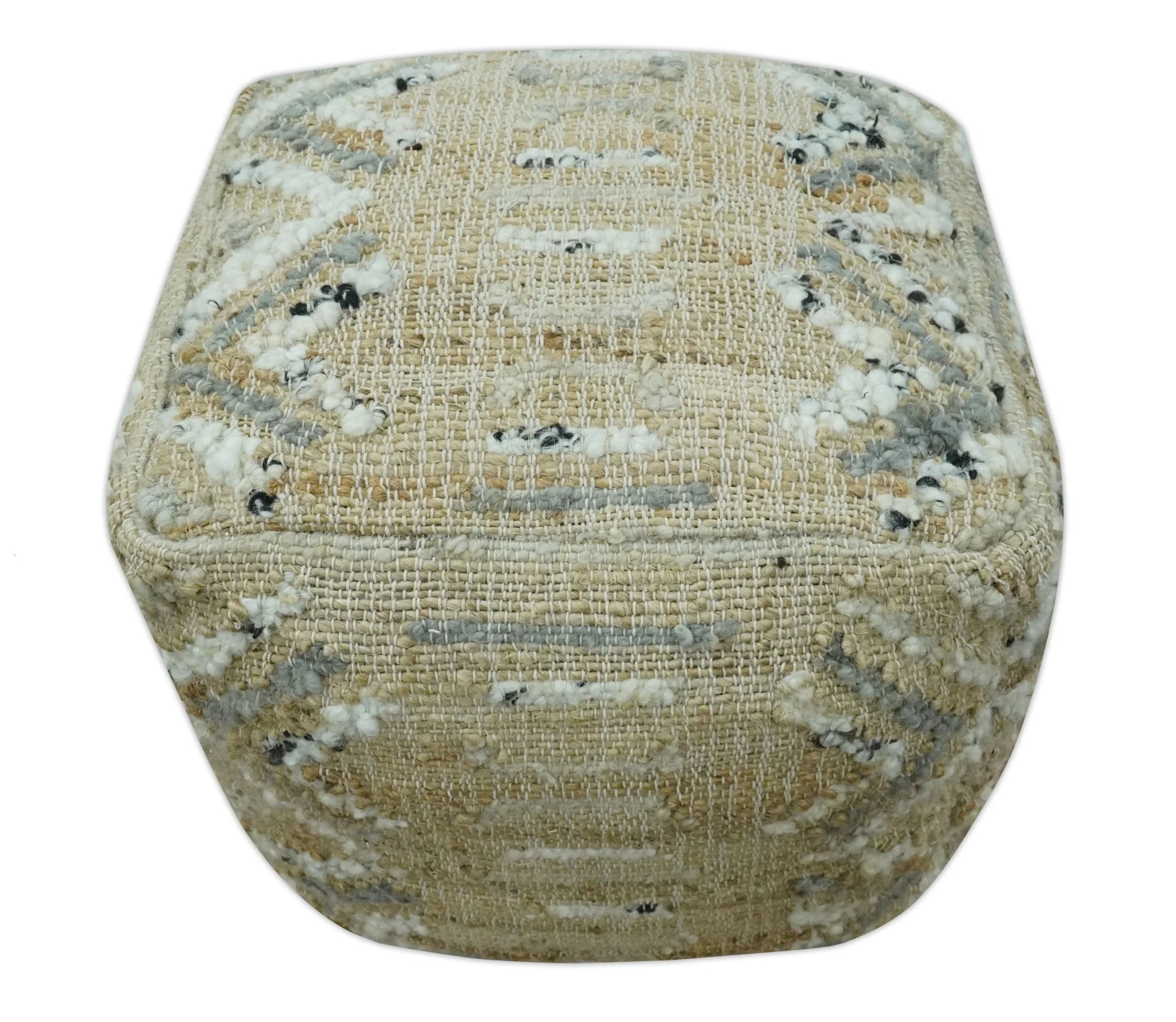 Contemporary Beige, Ivory and Gray Hand Woven Jute and wool Pouf - Image 4