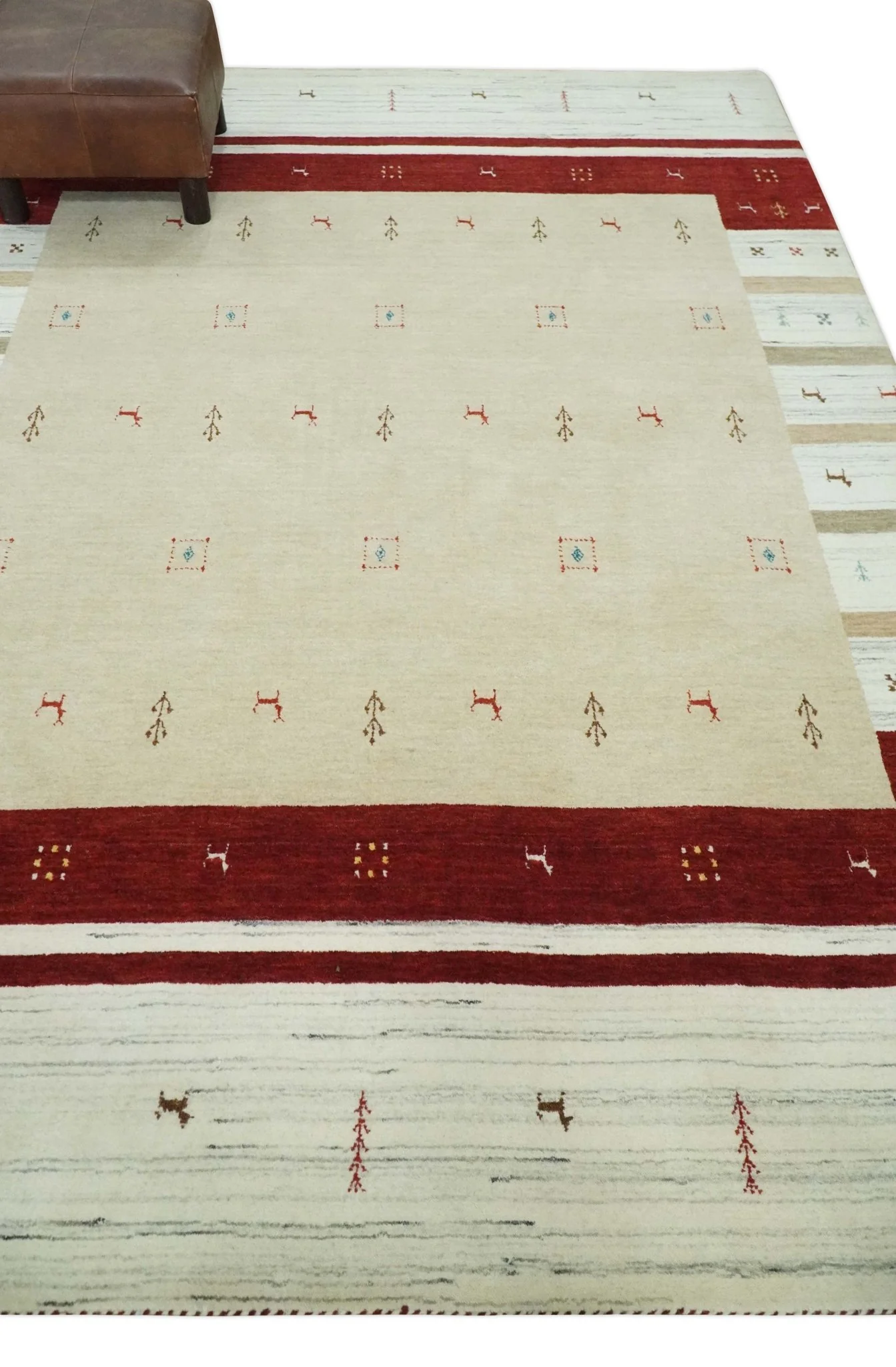 Tribal 5x8 Beige, Ivory and Maroon Stripes Wool Hand Woven Southwestern Gabbeh Rug | KNT30 - Image 3