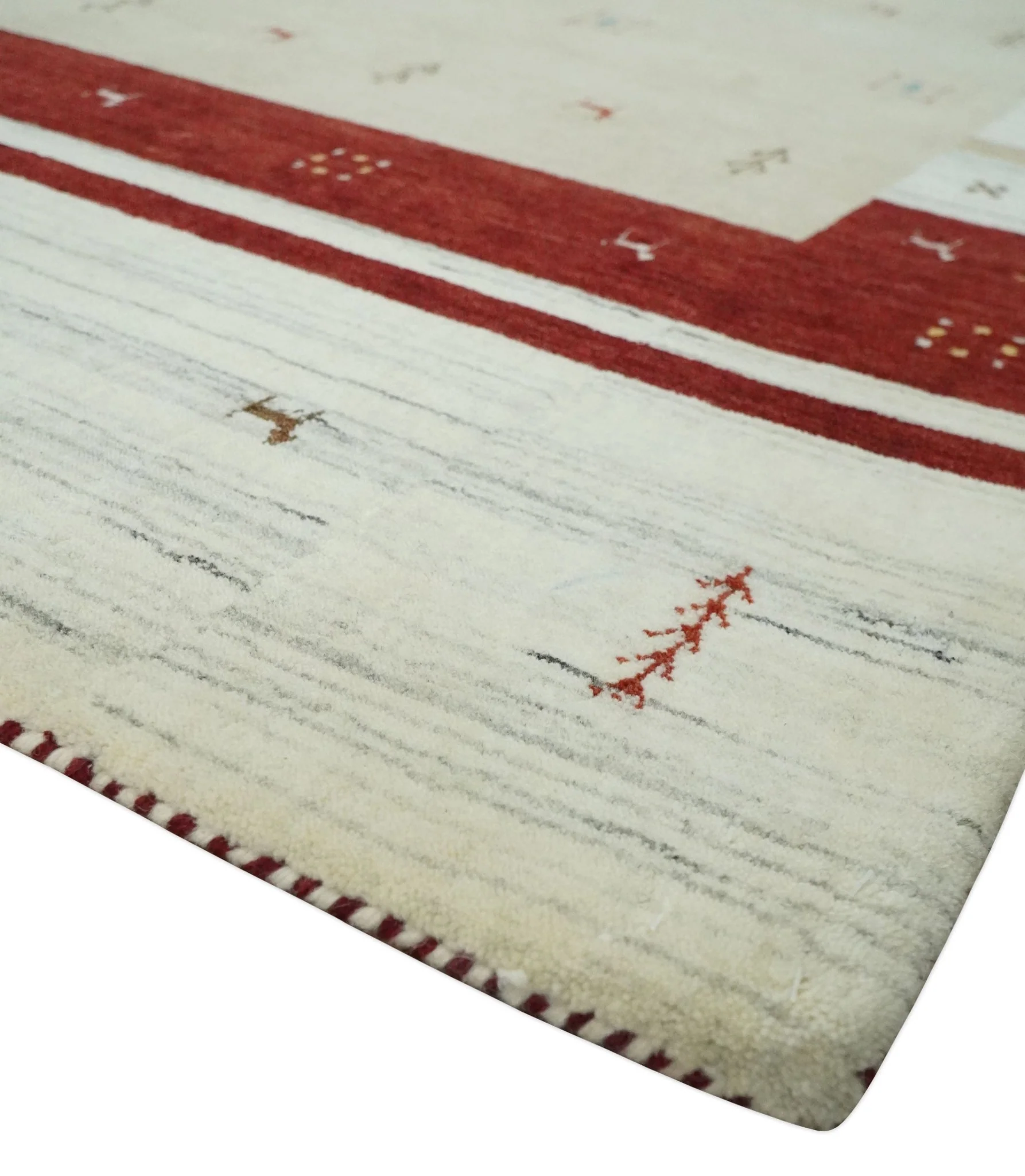 Tribal 5x8 Beige, Ivory and Maroon Stripes Wool Hand Woven Southwestern Gabbeh Rug | KNT30 - Image 4