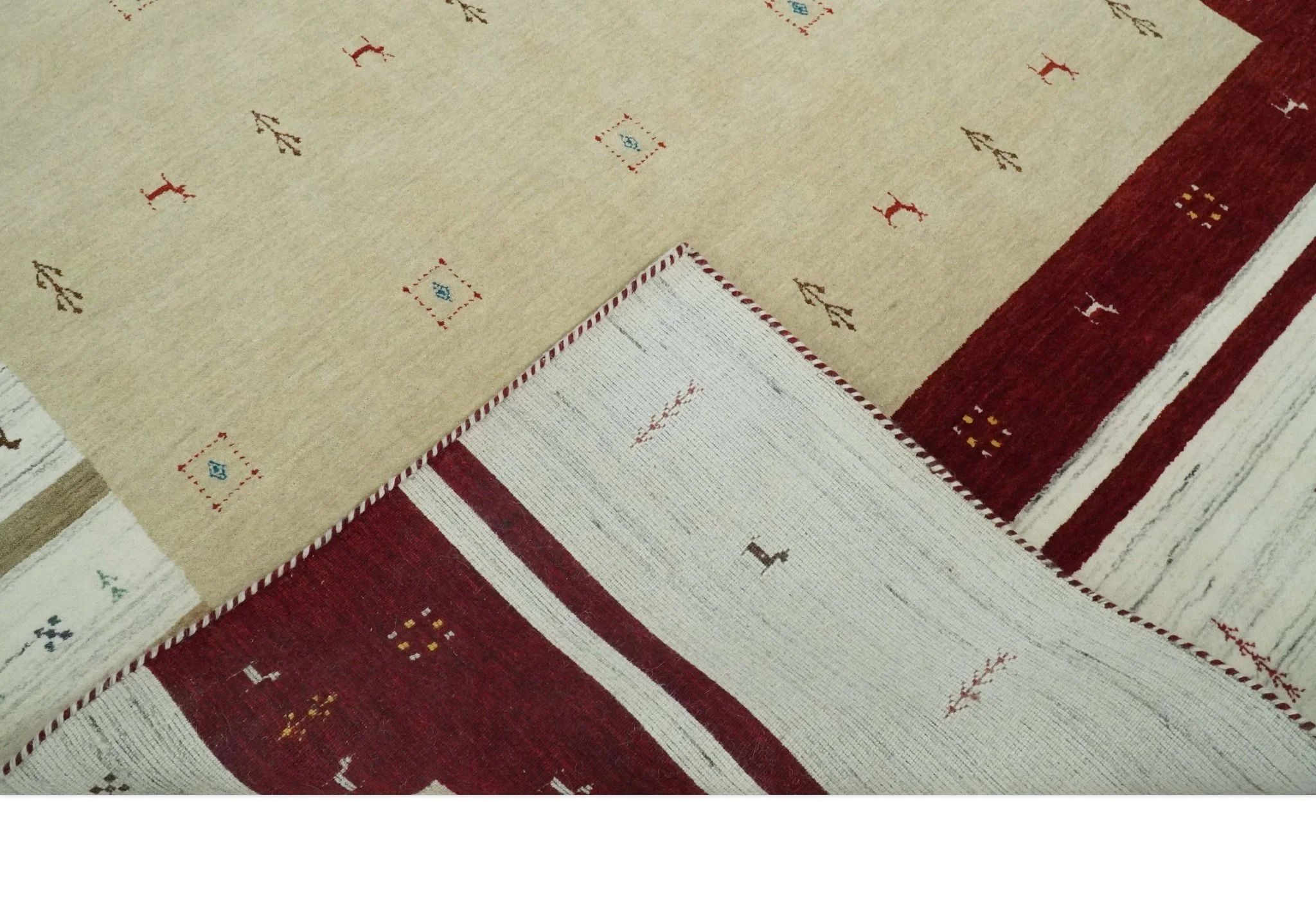 Tribal 5x8 Beige, Ivory and Maroon Stripes Wool Hand Woven Southwestern Gabbeh Rug | KNT30 - Image 6