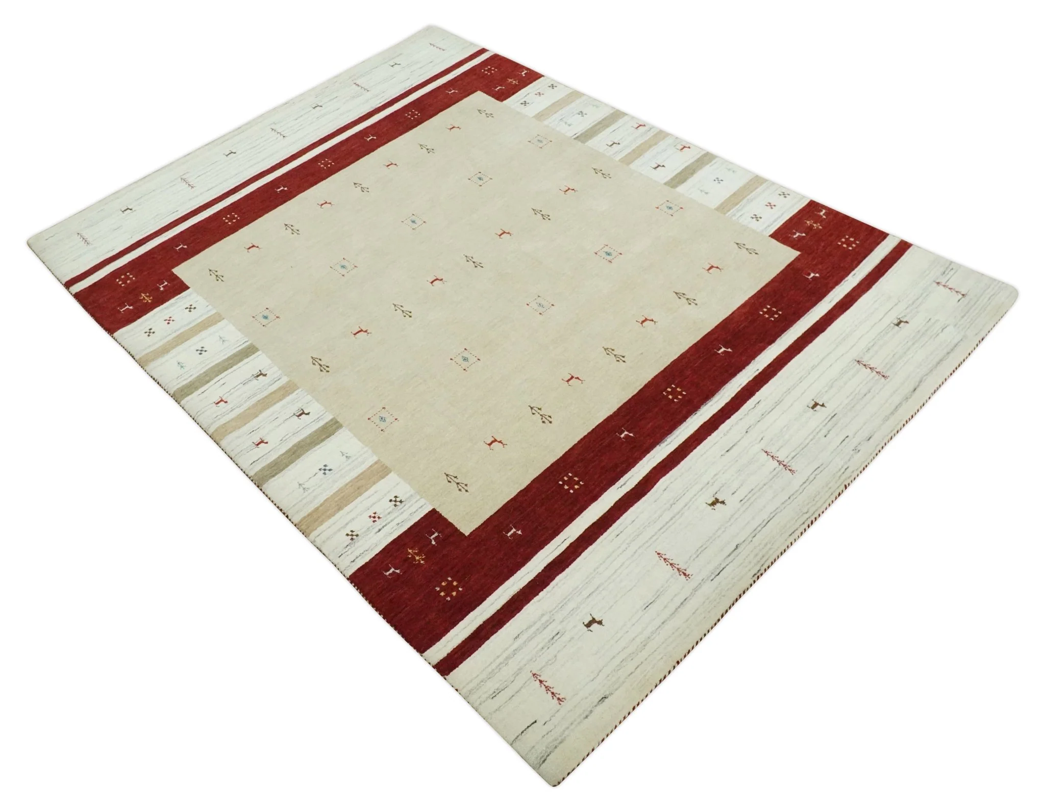 Tribal 5x8 Beige, Ivory and Maroon Stripes Wool Hand Woven Southwestern Gabbeh Rug | KNT30 - Image 8