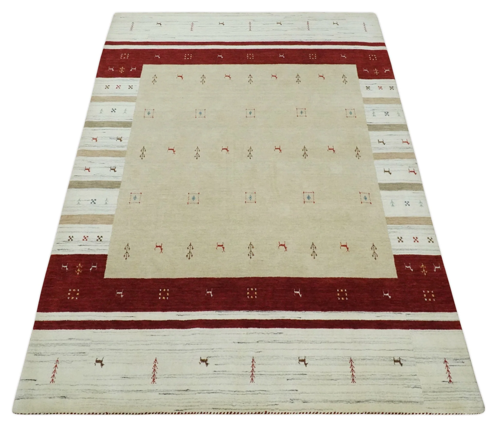 Tribal 5x8 Beige, Ivory and Maroon Stripes Wool Hand Woven Southwestern Gabbeh Rug | KNT30 - Image 9