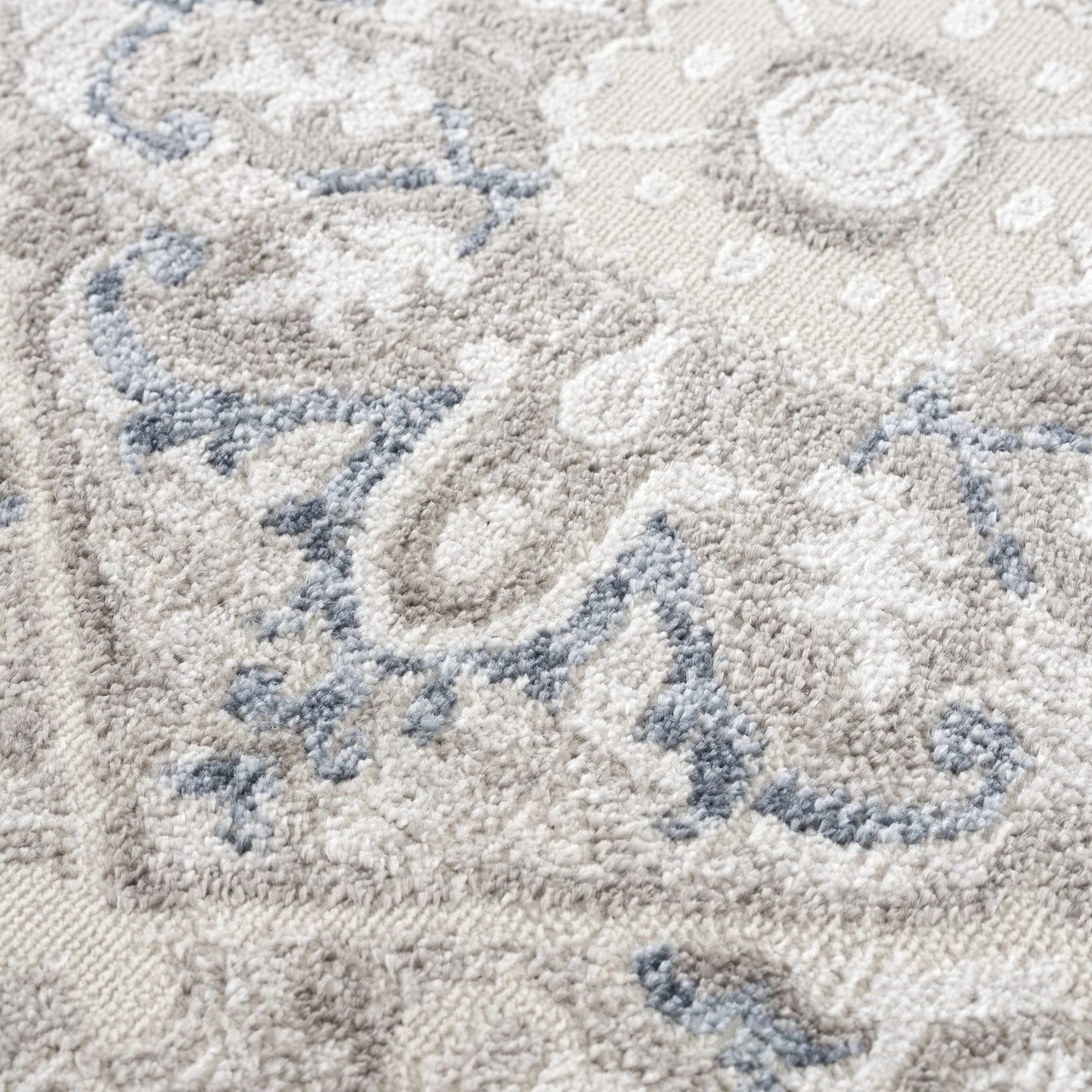 Ivory, Blue and Charcoal Traditional Heriz Design Carved Texture Area Rug - Image 10