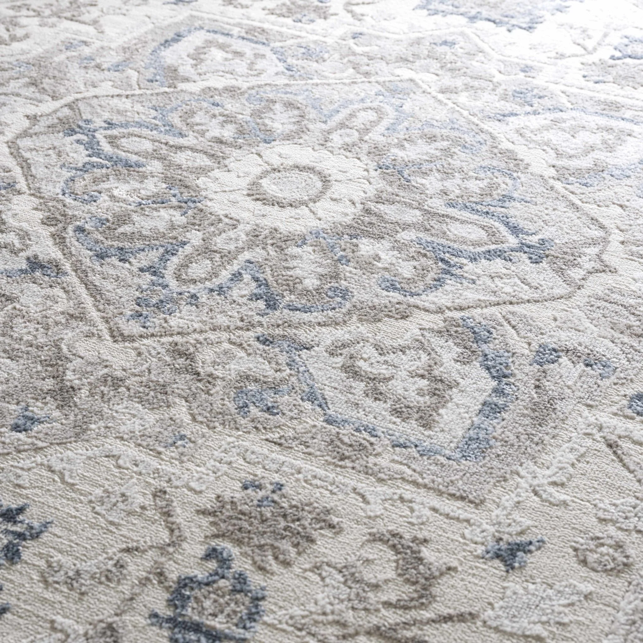 Ivory, Blue and Charcoal Traditional Heriz Design Carved Texture Area Rug - Image 11