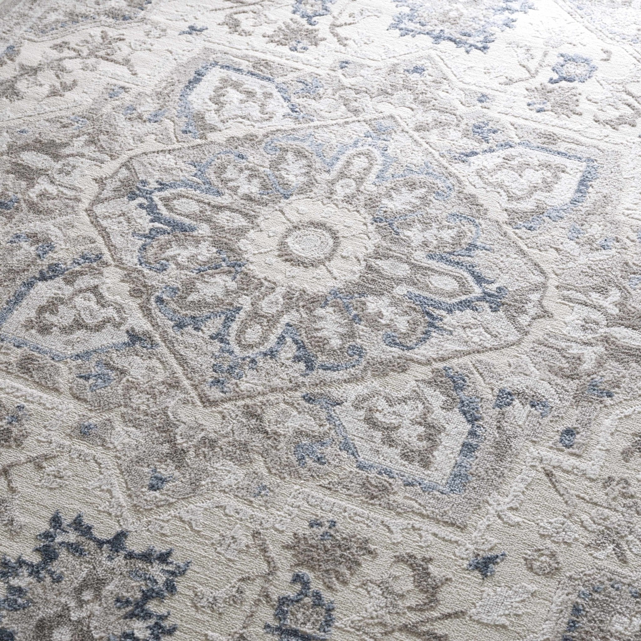Ivory, Blue and Charcoal Traditional Heriz Design Carved Texture Area Rug - Image 12