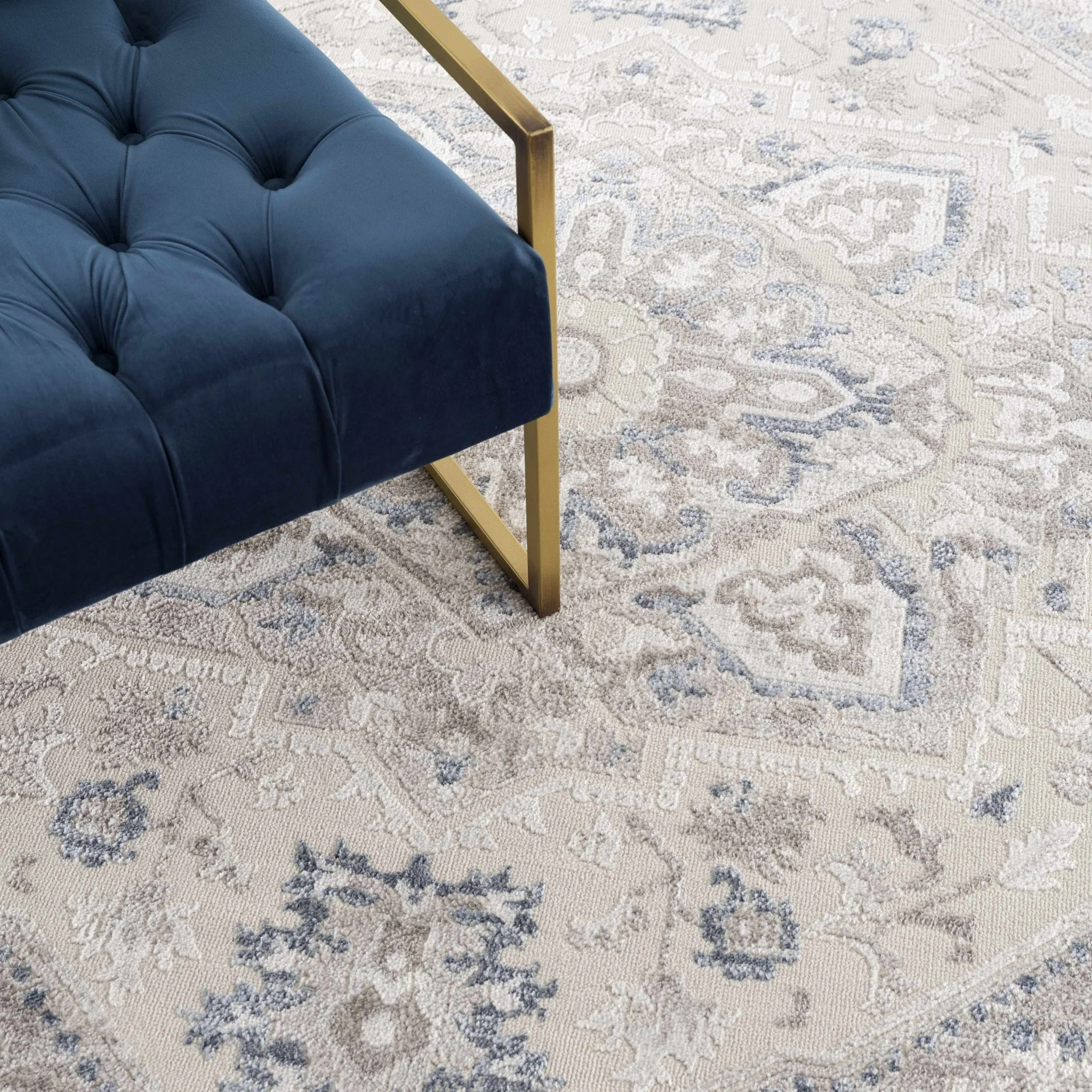 Ivory, Blue and Charcoal Traditional Heriz Design Carved Texture Area Rug - Image 13