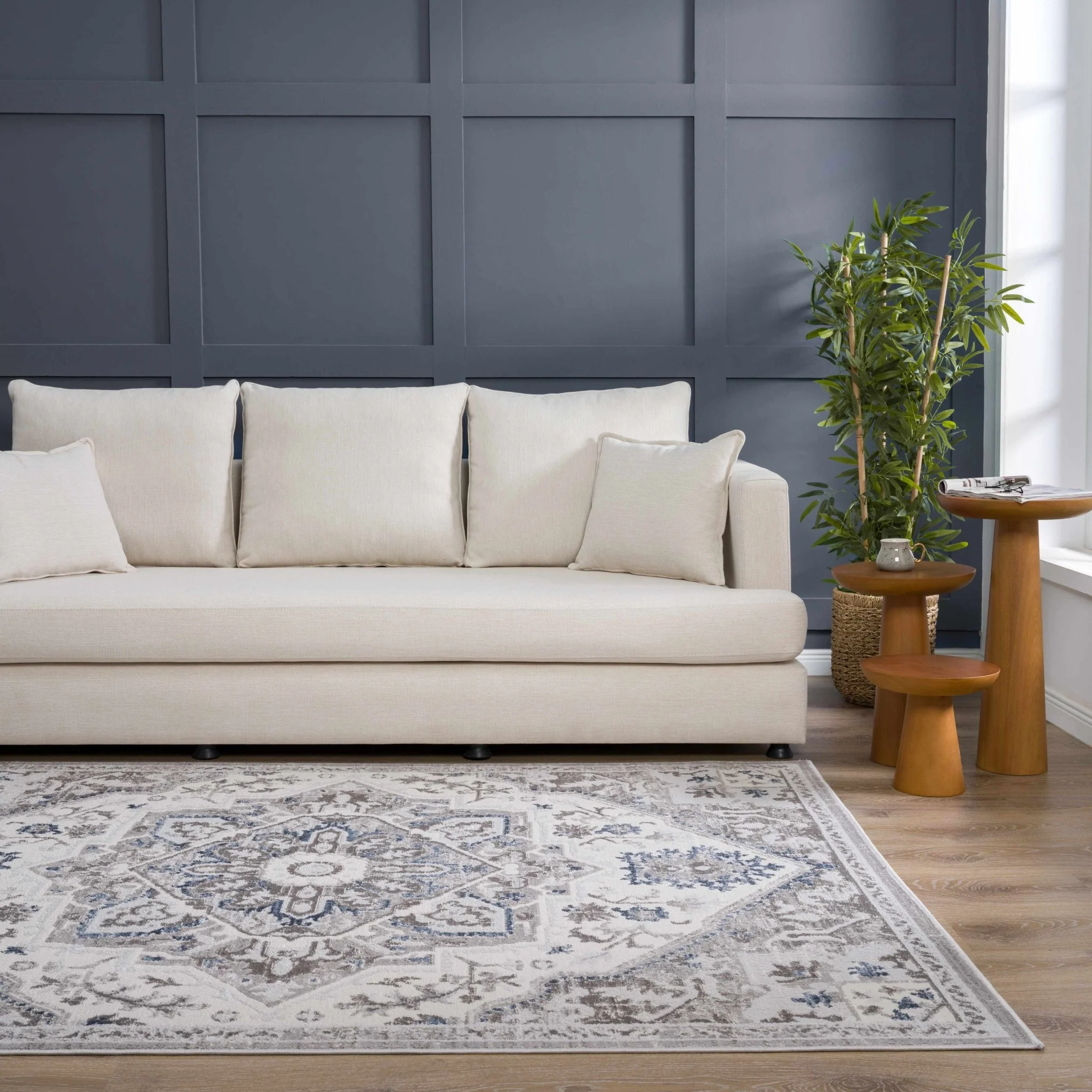 Ivory, Blue and Charcoal Traditional Heriz Design Carved Texture Area Rug - Image 14
