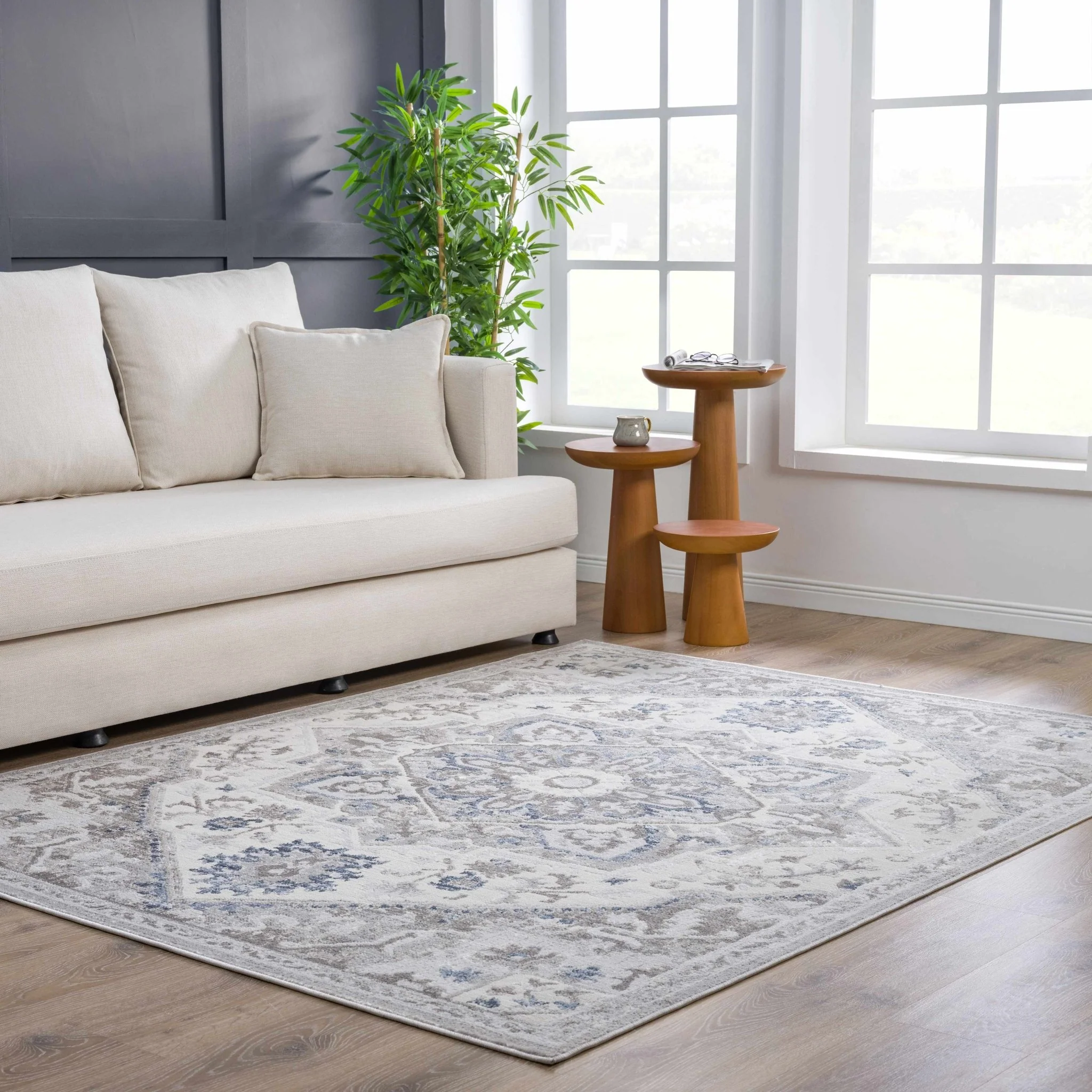 Ivory, Blue and Charcoal Traditional Heriz Design Carved Texture Area Rug - Image 15