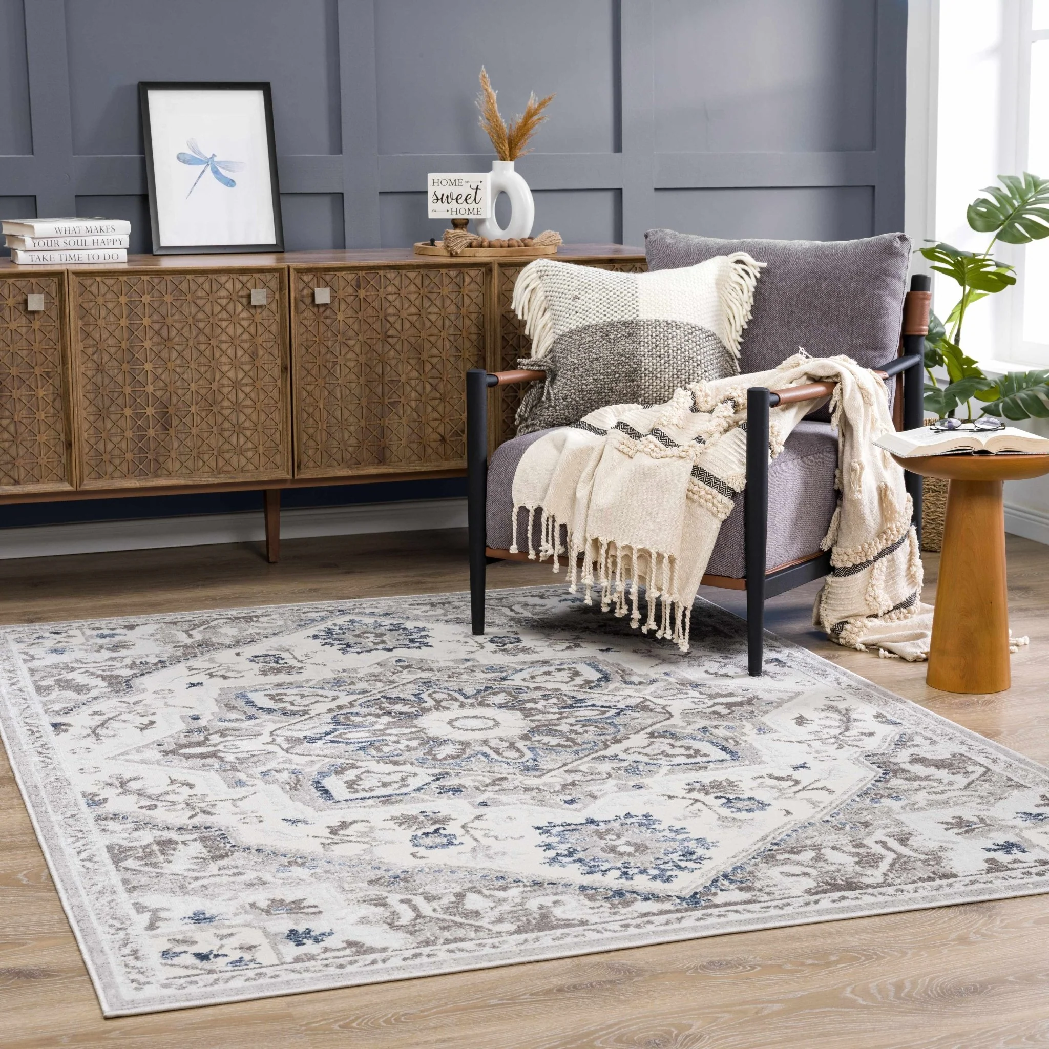 Ivory, Blue and Charcoal Traditional Heriz Design Carved Texture Area Rug - Image 16
