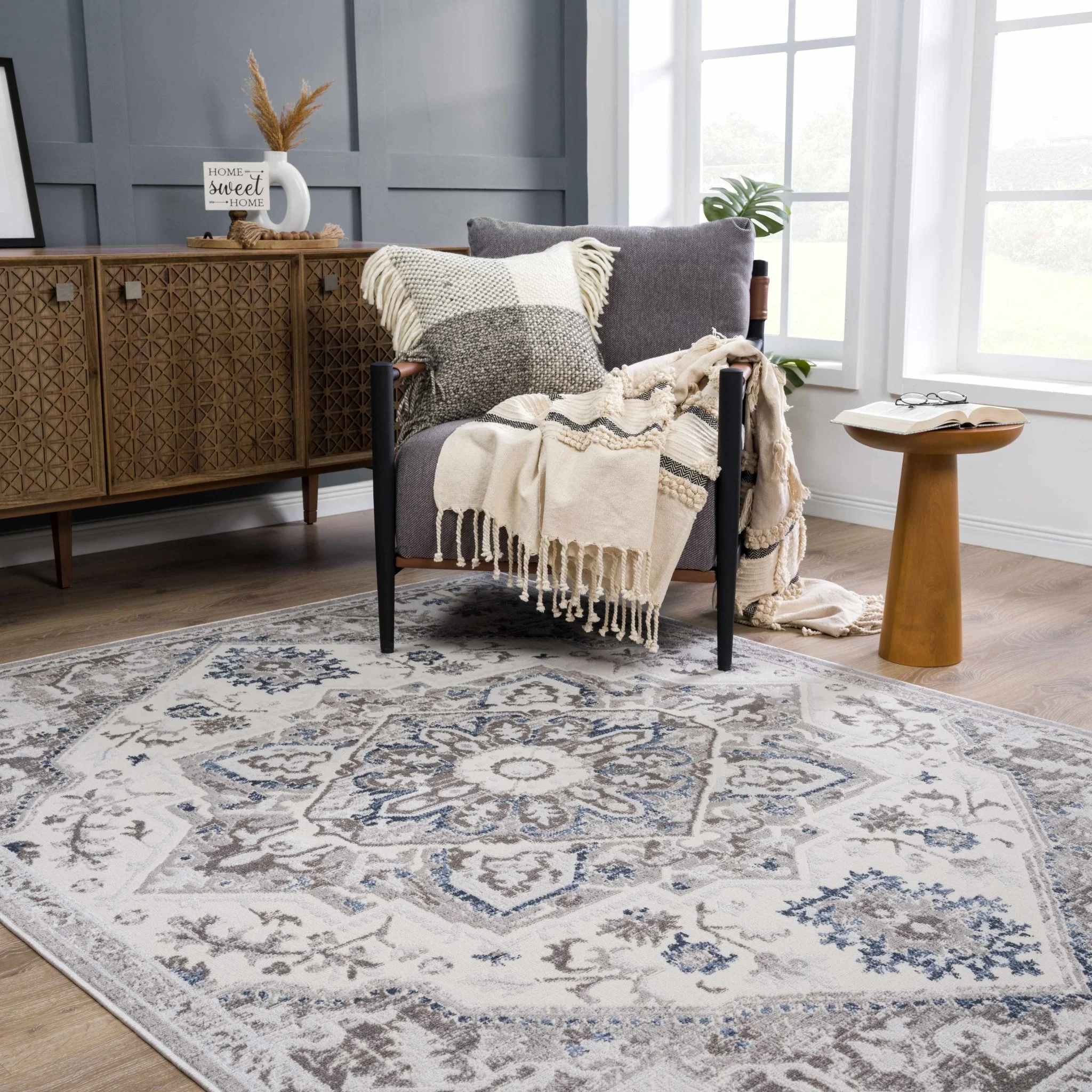 Ivory, Blue and Charcoal Traditional Heriz Design Carved Texture Area Rug - Image 2