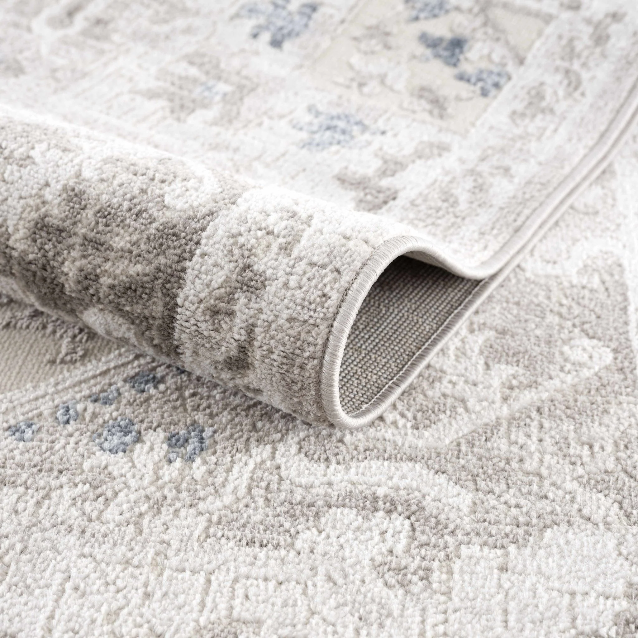 Ivory, Blue and Charcoal Traditional Heriz Design Carved Texture Area Rug - Image 4