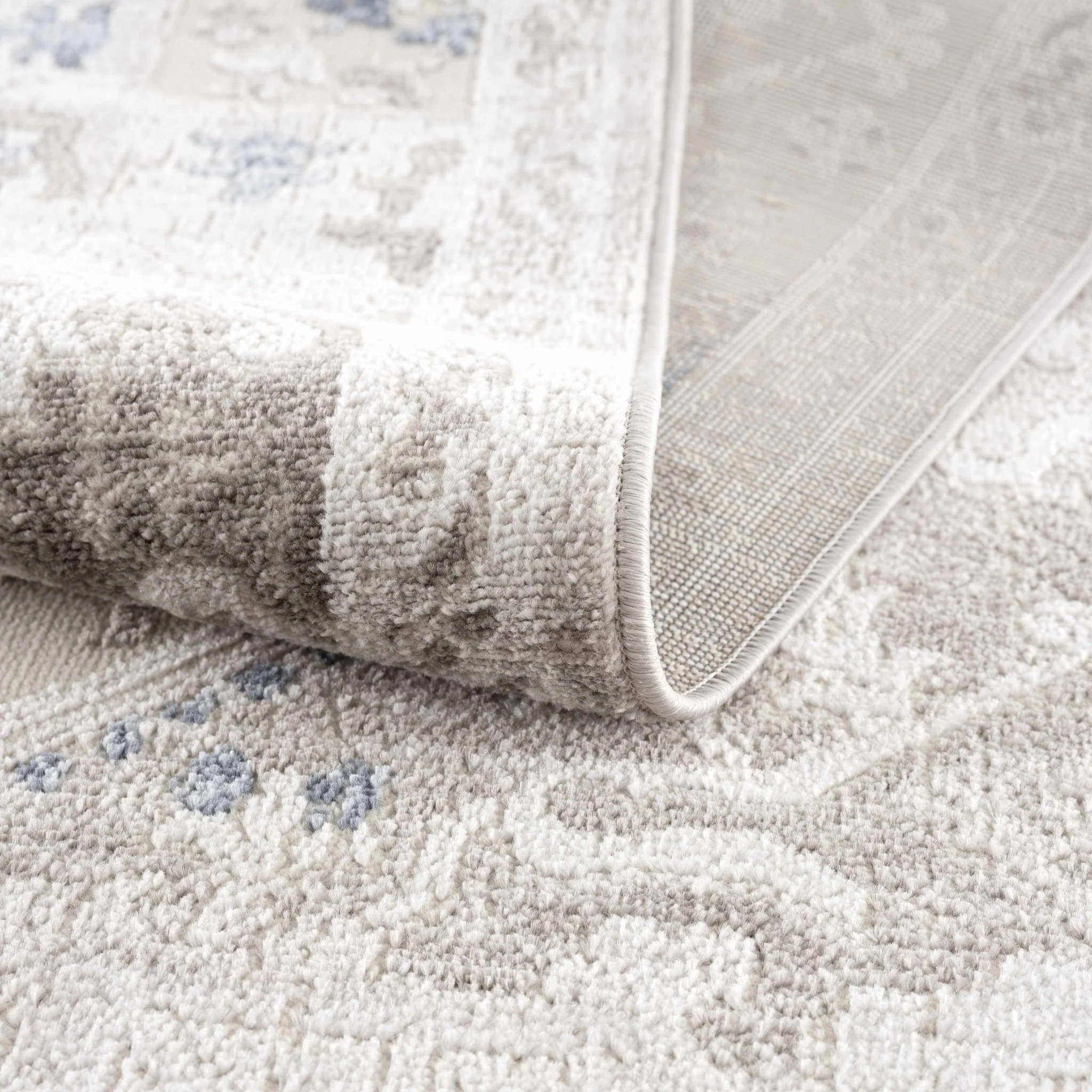 Ivory, Blue and Charcoal Traditional Heriz Design Carved Texture Area Rug - Image 5