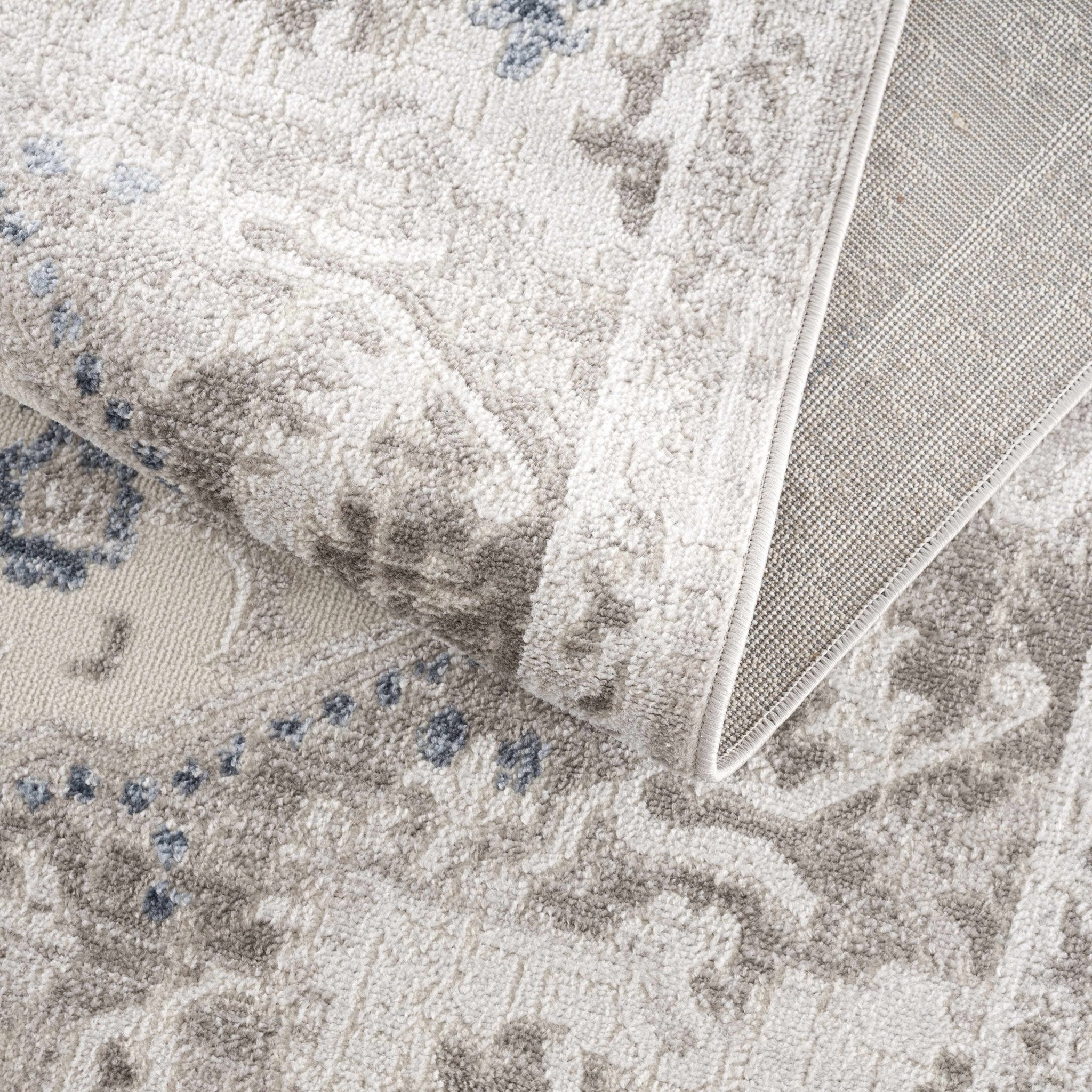 Ivory, Blue and Charcoal Traditional Heriz Design Carved Texture Area Rug - Image 6