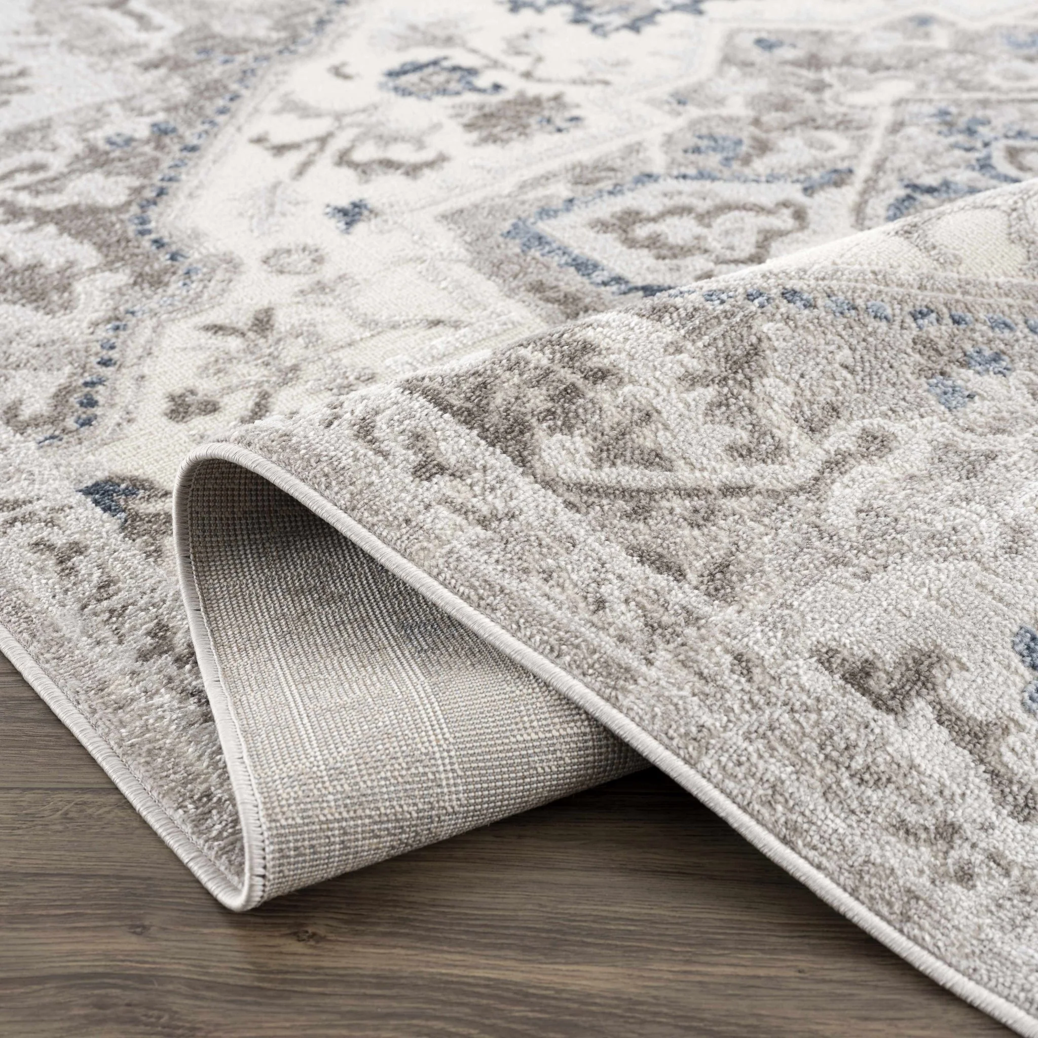 Ivory, Blue and Charcoal Traditional Heriz Design Carved Texture Area Rug - Image 7