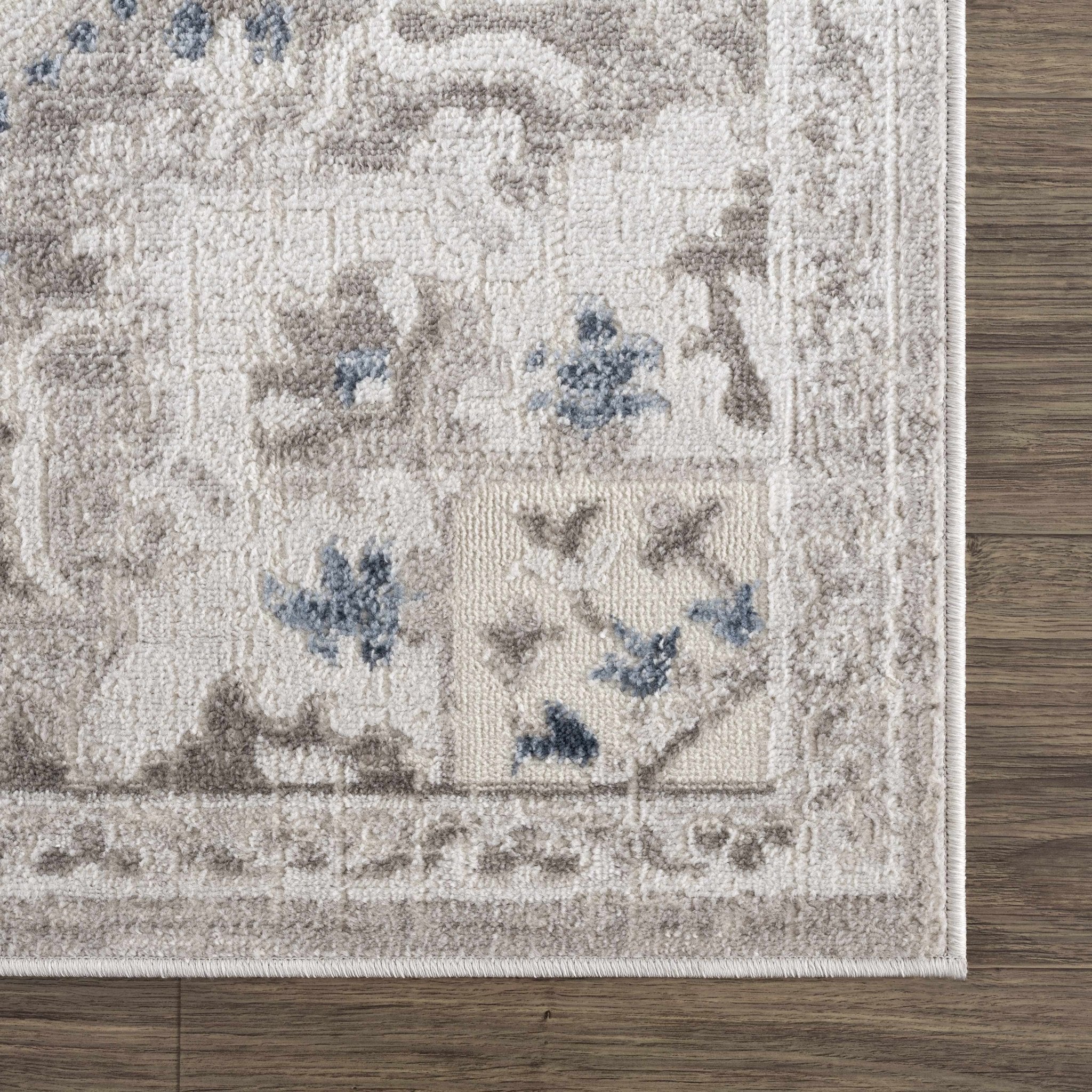 Ivory, Blue and Charcoal Traditional Heriz Design Carved Texture Area Rug - Image 8