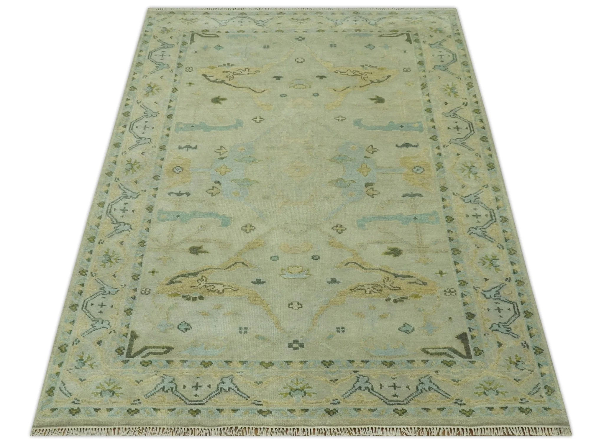 Beige, Mustard and Teal 6x9 Hand Knotted Traditional Oriental Oushak wool area rug - Image 10