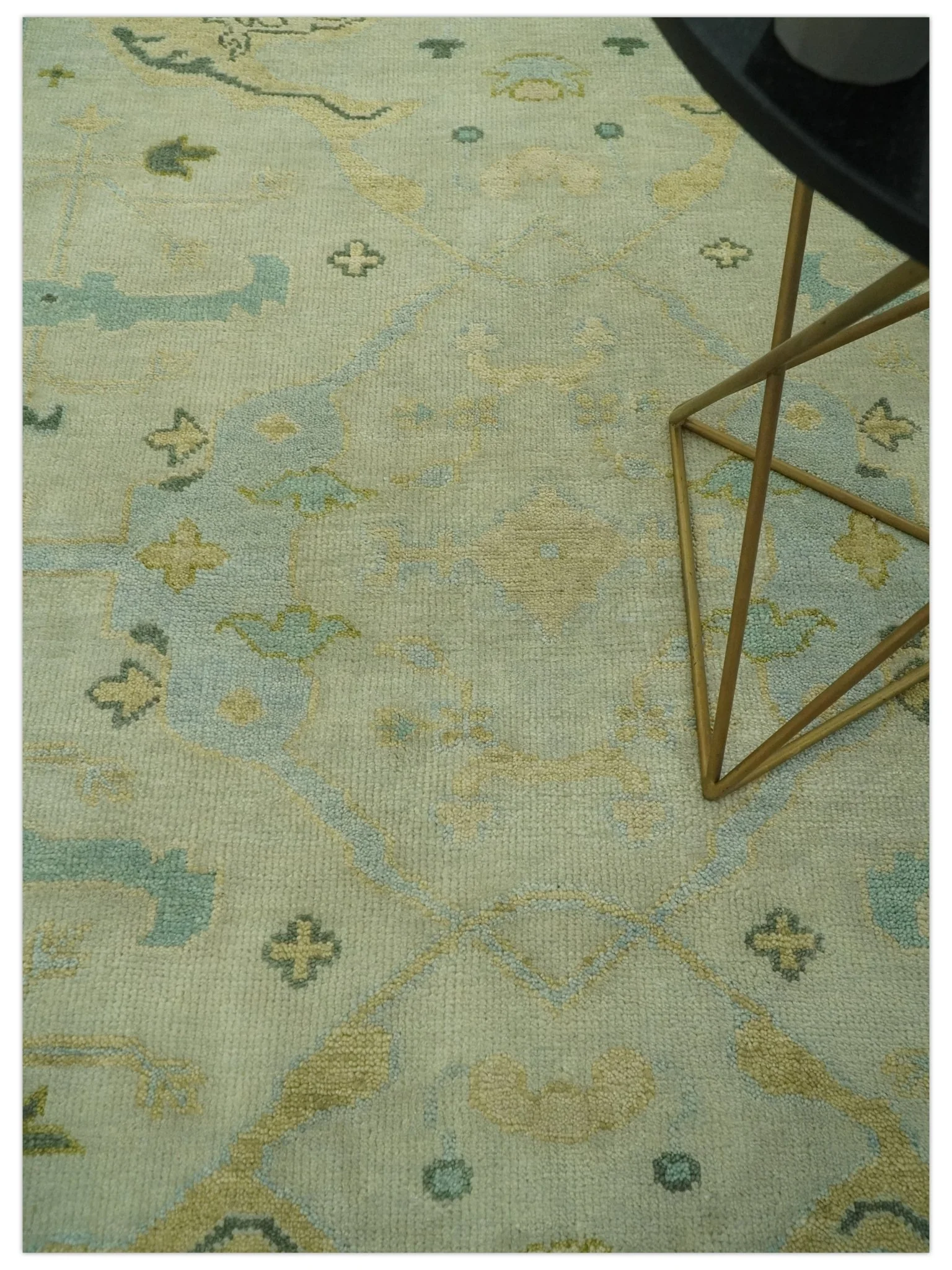 Beige, Mustard and Teal 6x9 Hand Knotted Traditional Oriental Oushak wool area rug - Image 2