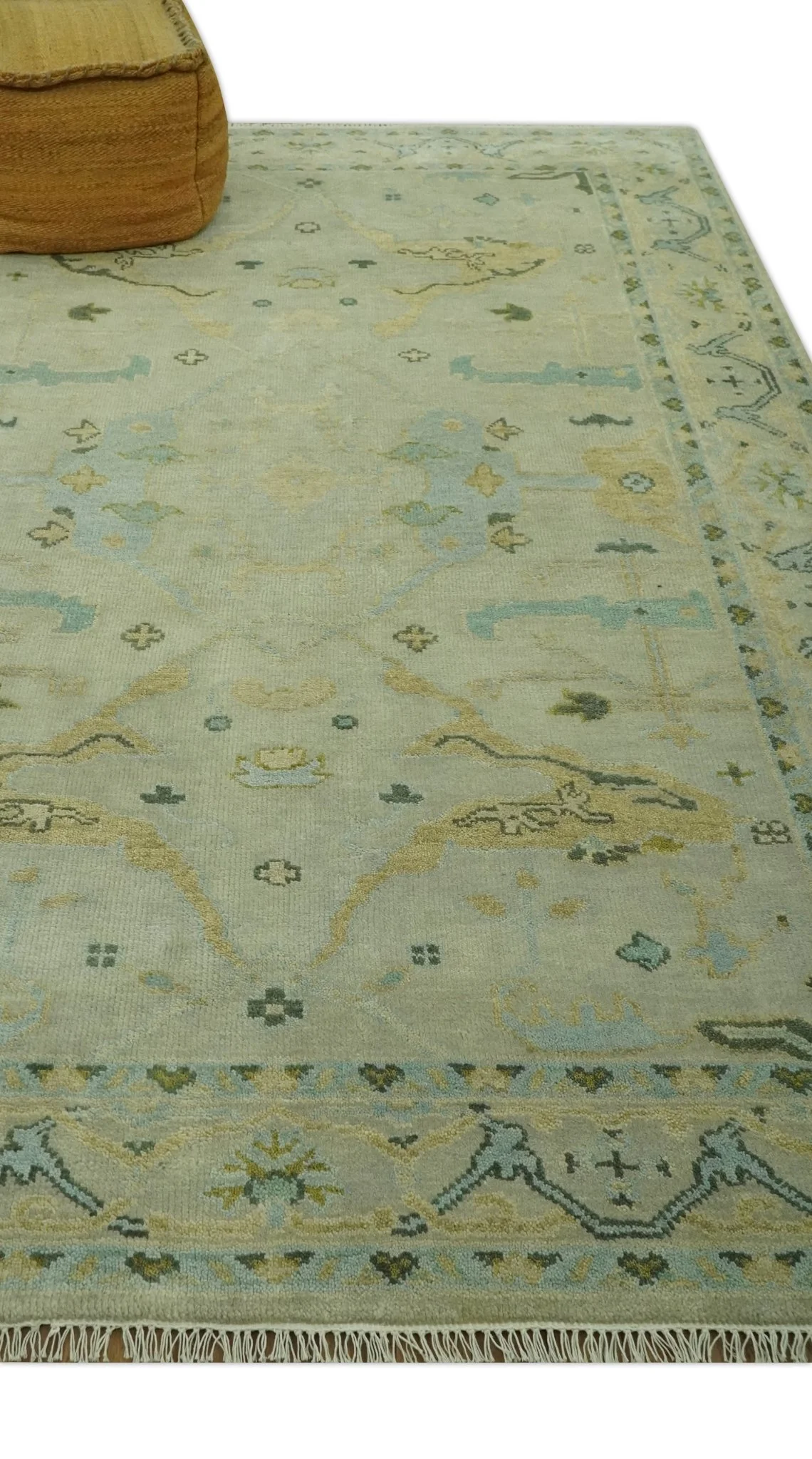 Beige, Mustard and Teal 6x9 Hand Knotted Traditional Oriental Oushak wool area rug - Image 3