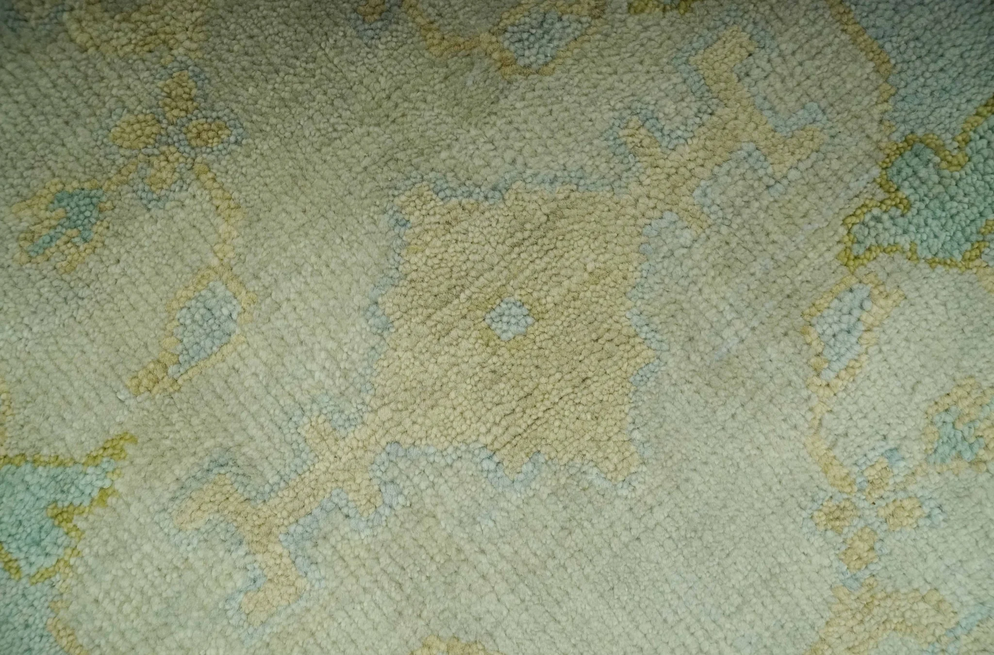 Beige, Mustard and Teal 6x9 Hand Knotted Traditional Oriental Oushak wool area rug - Image 4