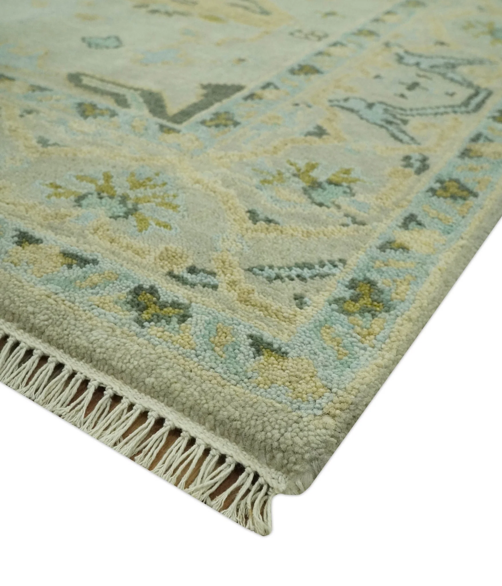Beige, Mustard and Teal 6x9 Hand Knotted Traditional Oriental Oushak wool area rug - Image 5