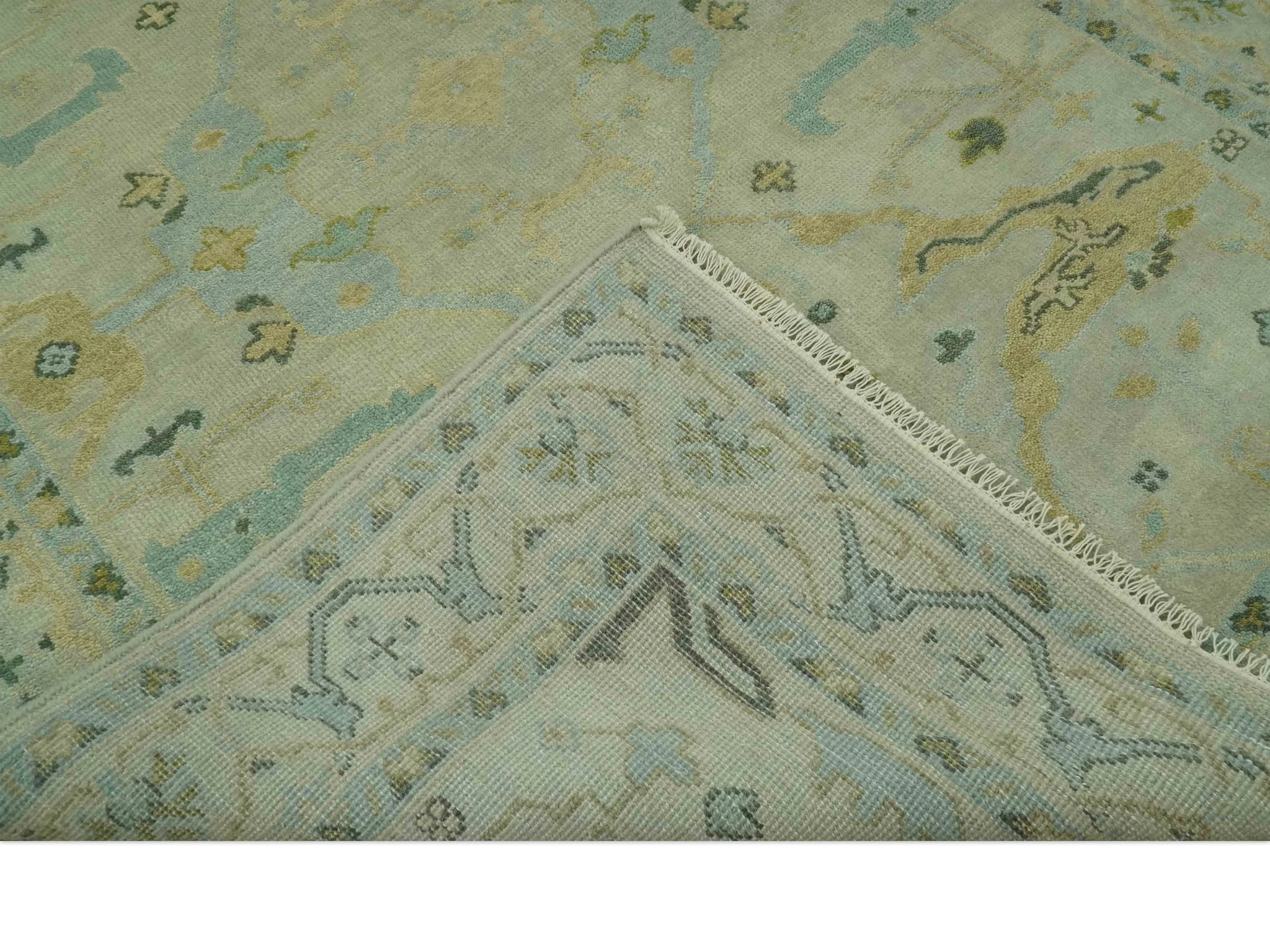 Beige, Mustard and Teal 6x9 Hand Knotted Traditional Oriental Oushak wool area rug - Image 7