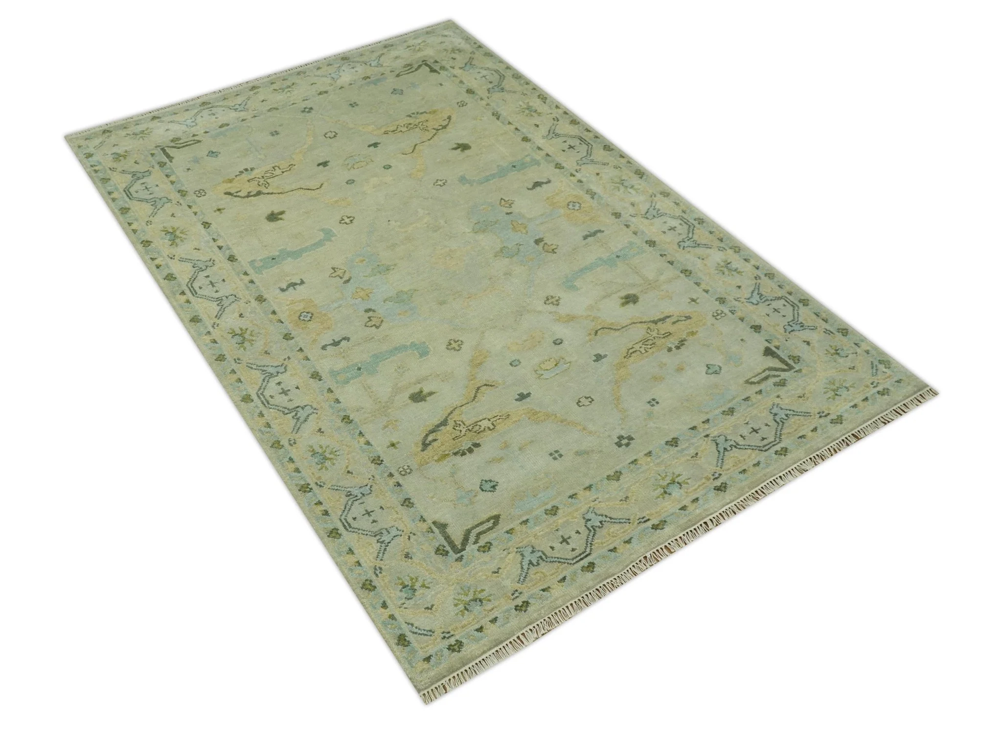 Beige, Mustard and Teal 6x9 Hand Knotted Traditional Oriental Oushak wool area rug - Image 9