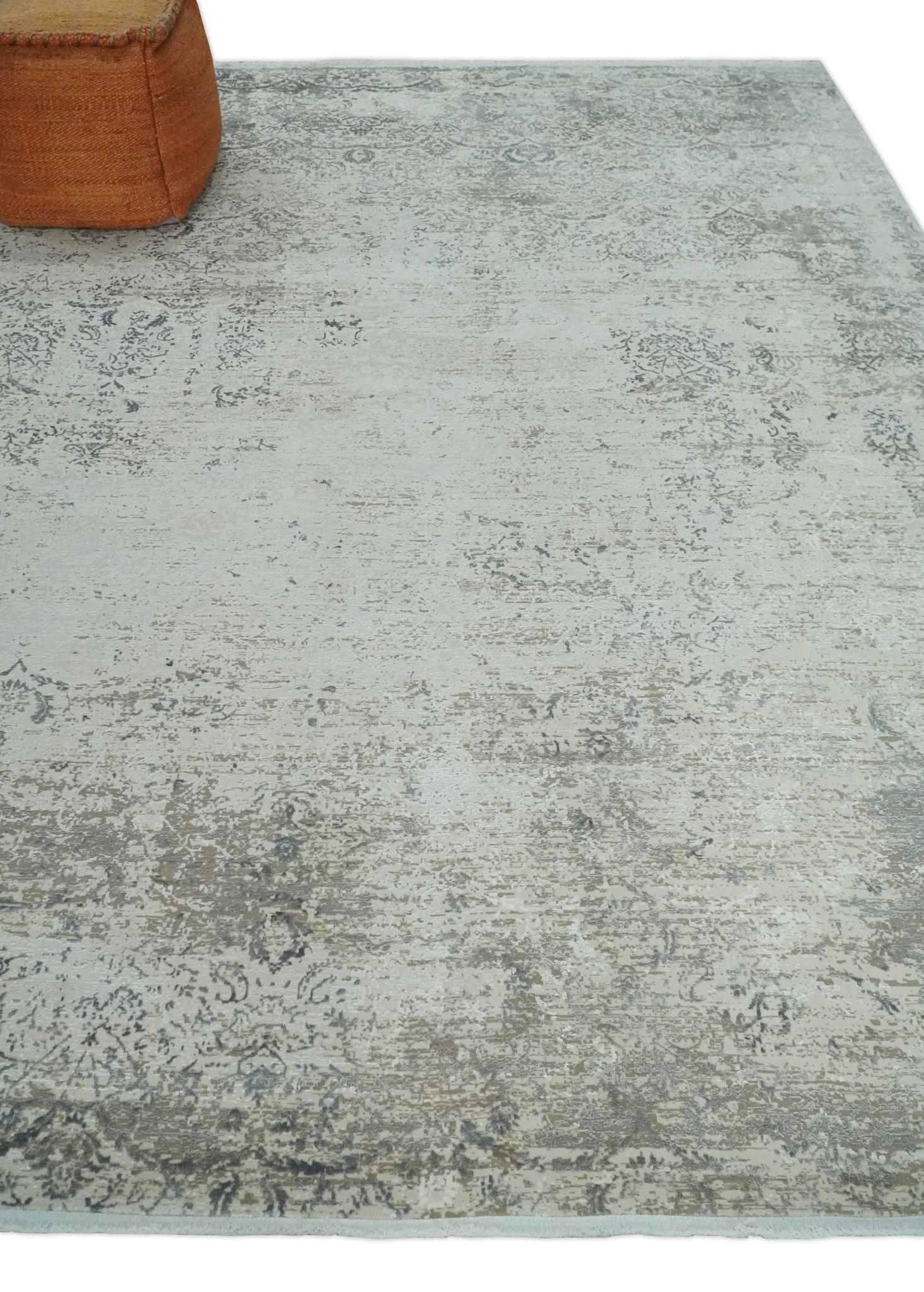 3x5 Beige, Brown and Silver Antique Finish Silk Area Rug - Image 3